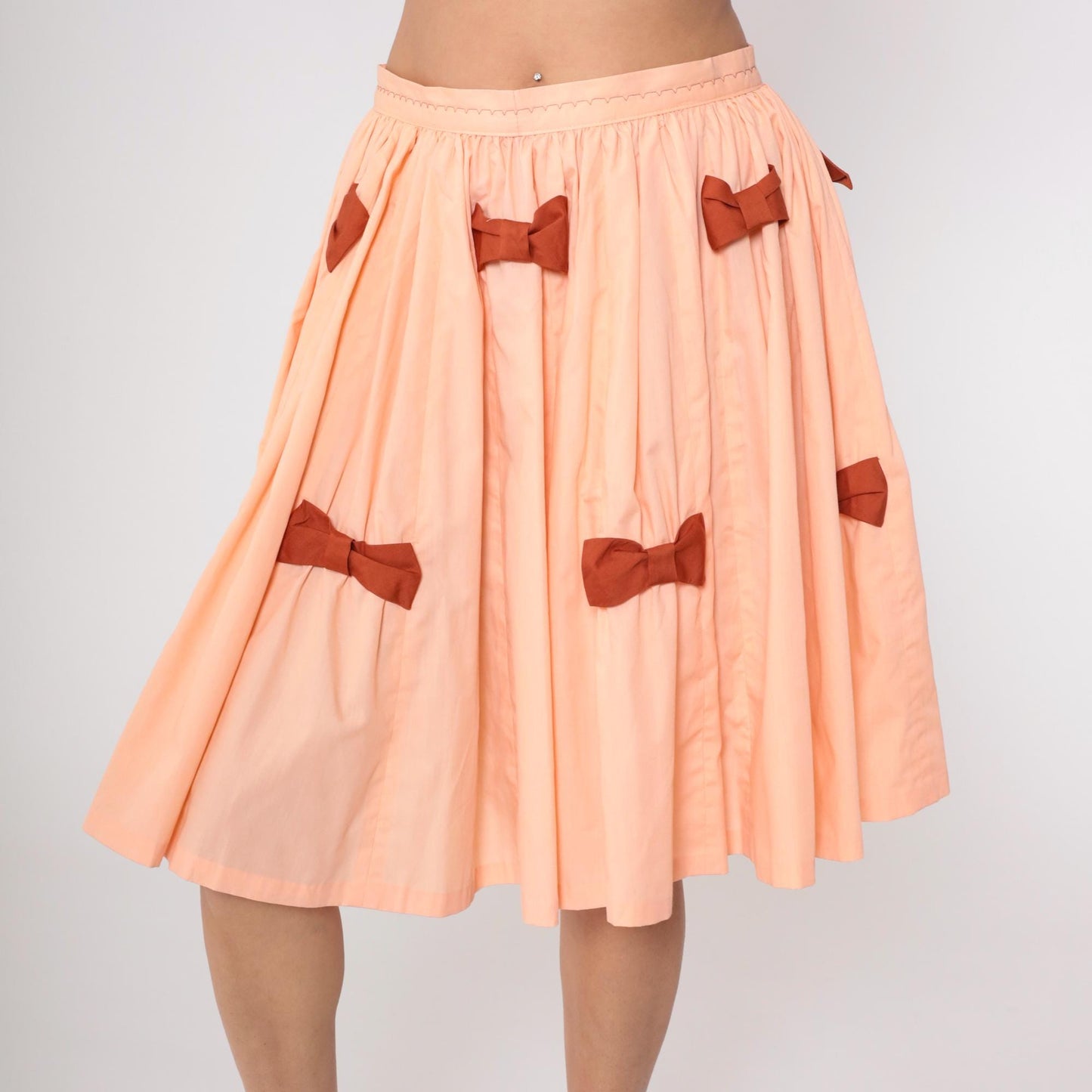 1970s Peach Full Circle Midi Skirt High Waisted Brown Bow Medium