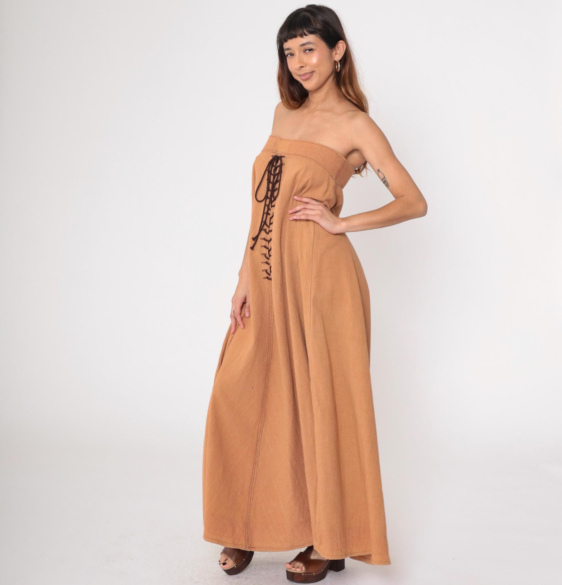 70s Brown Strapless Maxi Dress Lace Up Corset Front Small