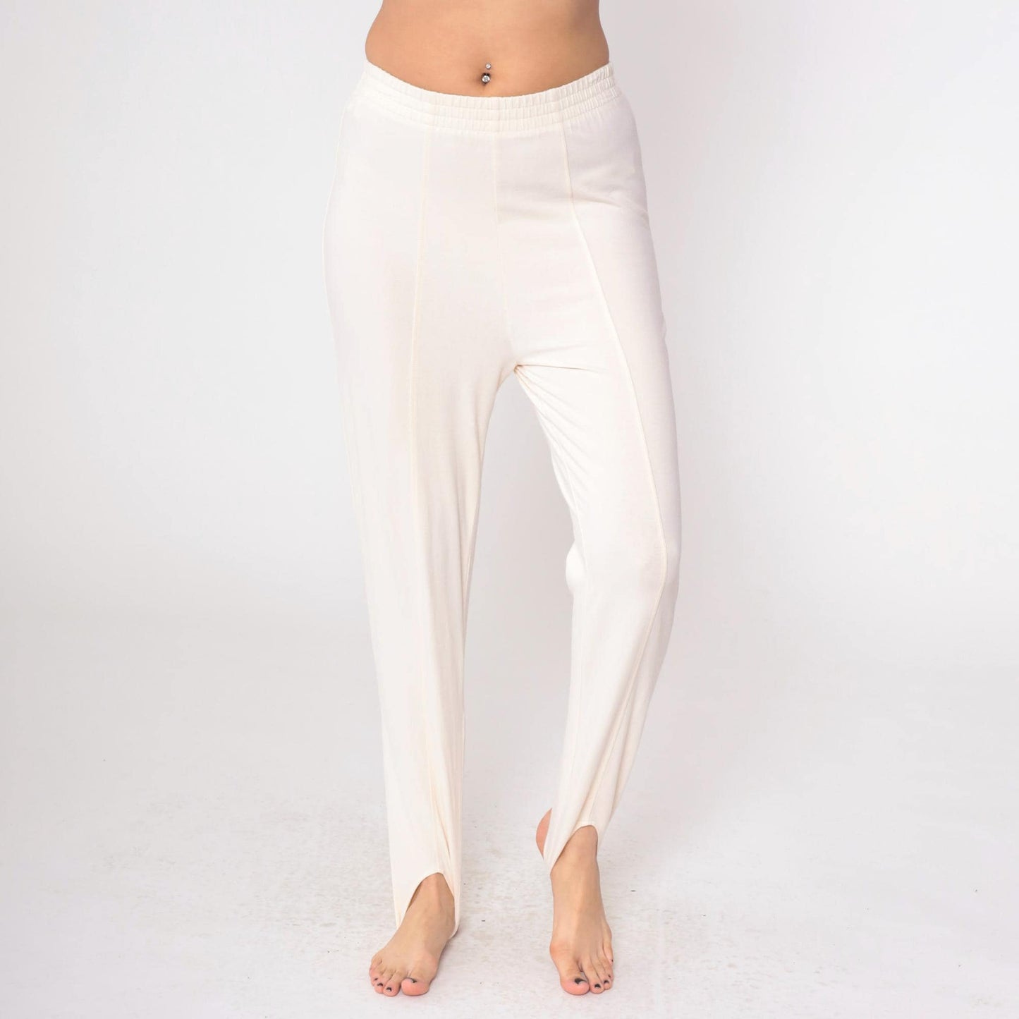 90s Cream Stirrup Pants Tapered High Waist Cotton Petite Medium