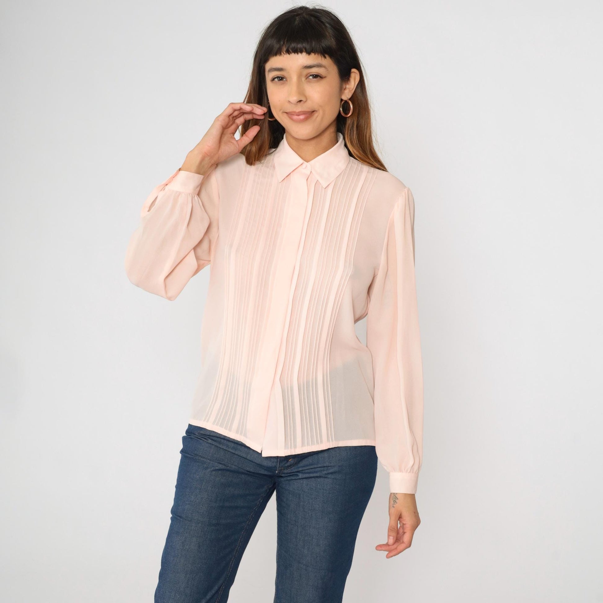 90s Laura and Jayne Pink Pleated Blouse Puff Sleeve Button Up Small