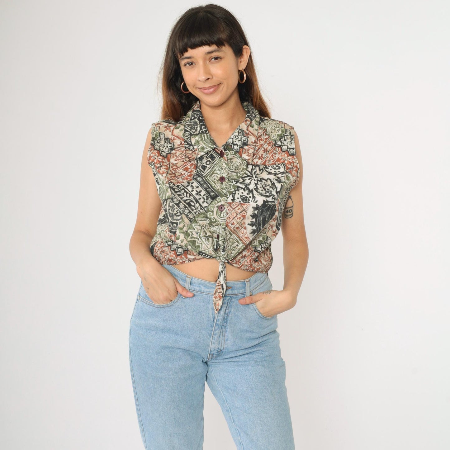 90s Bonjour Patchwork Floral Crop Top Sleeveless Button-Up Blouse Green Extra Large