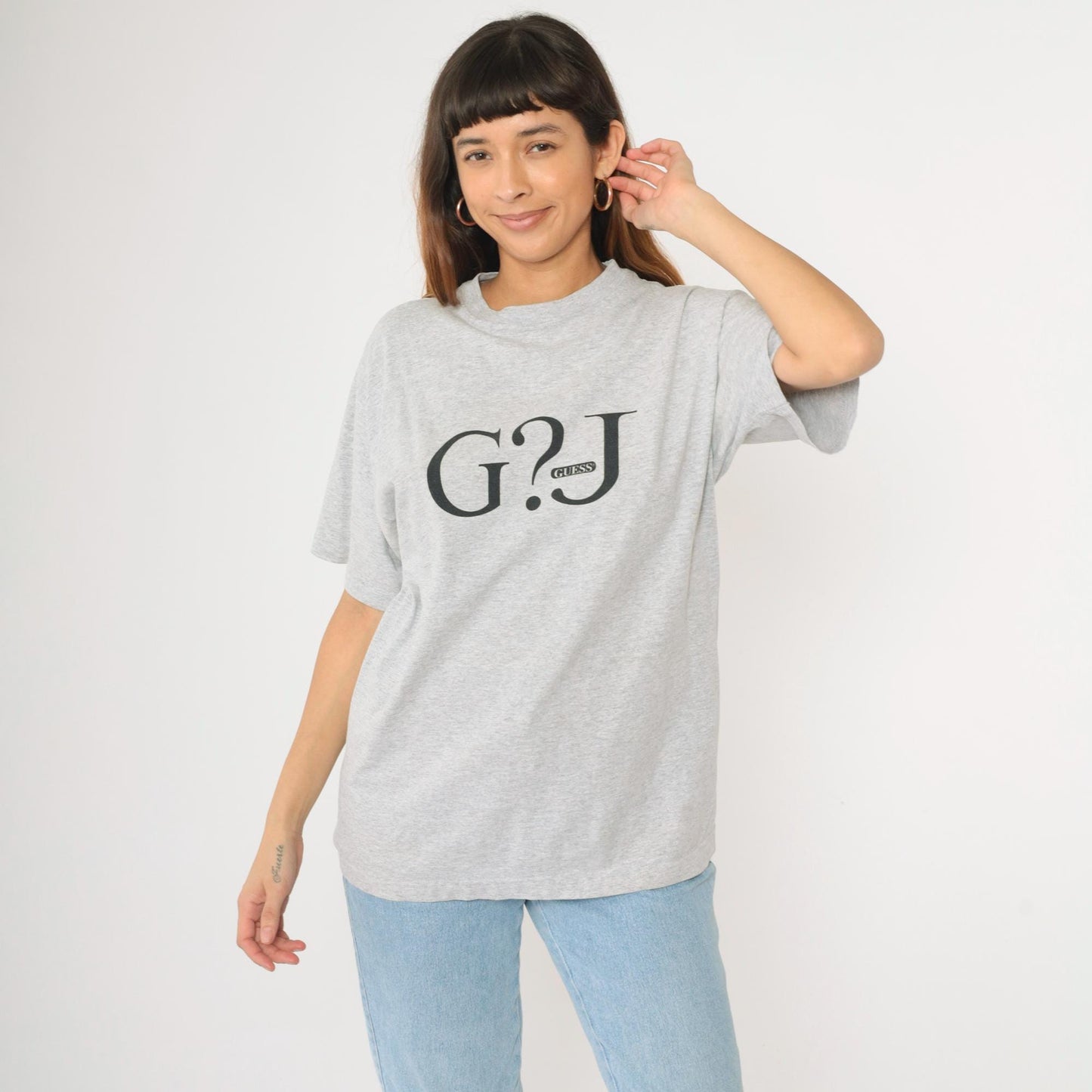 90s Guess Jeans Logo T-Shirt Heather Grey Spellout Graphic Medium M