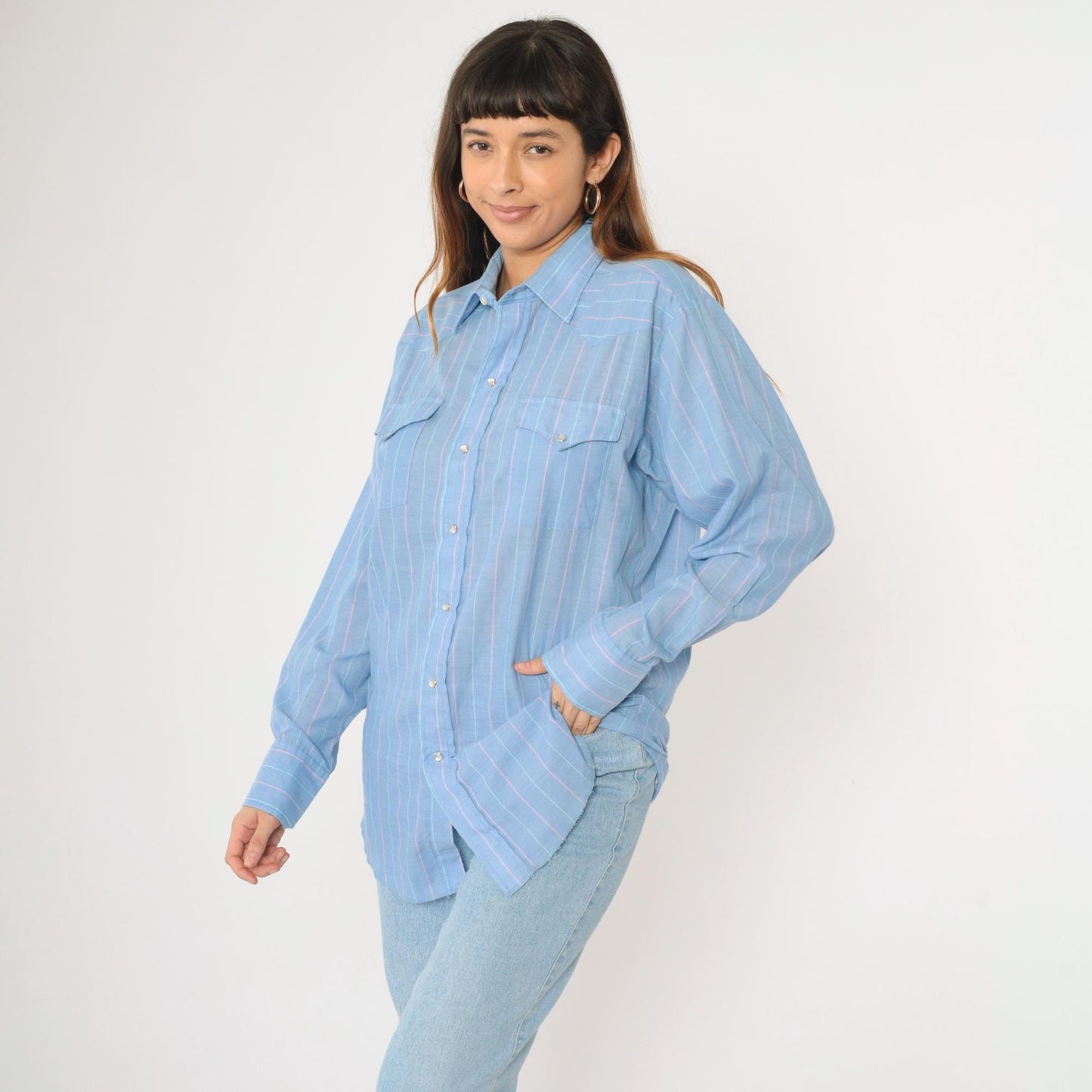90s Panhandle Slim Western Shirt Blue Striped Pearl Snap Cowboy Large