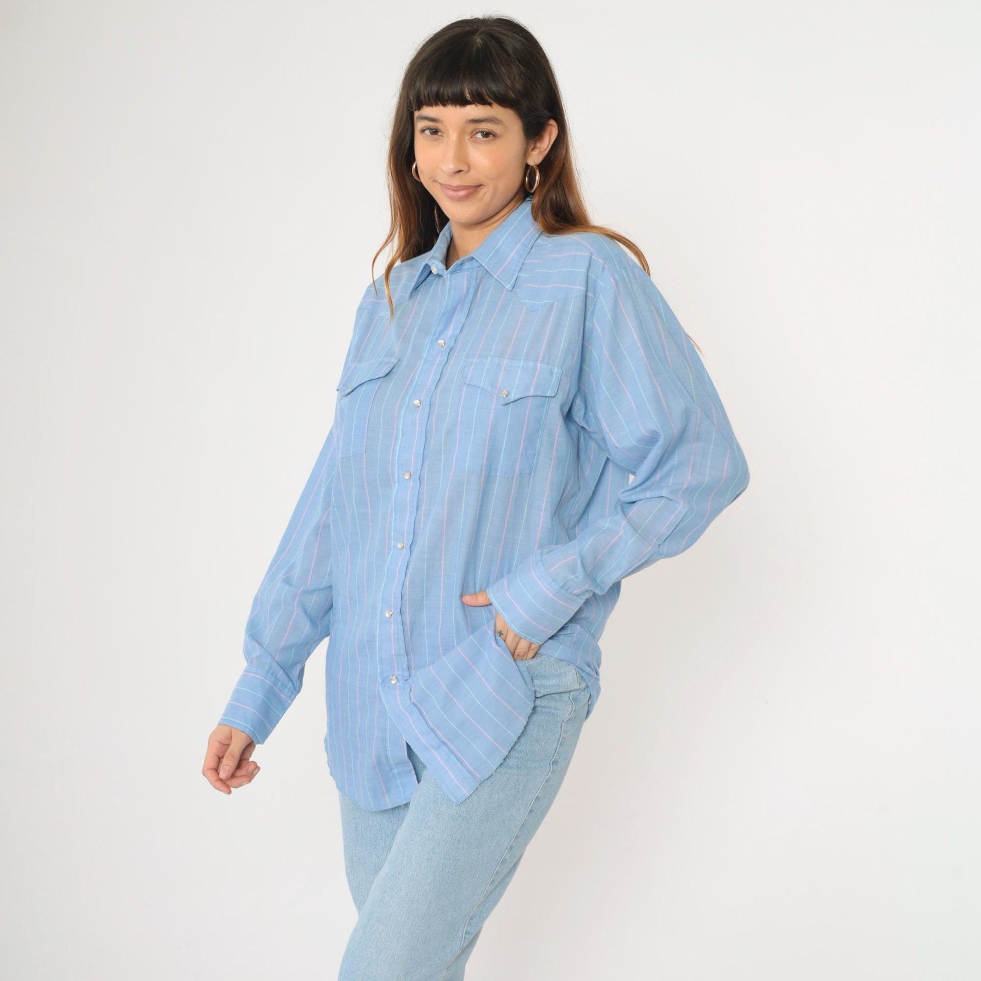 90s Panhandle Slim Western Shirt Blue Striped Pearl Snap Cowboy Large