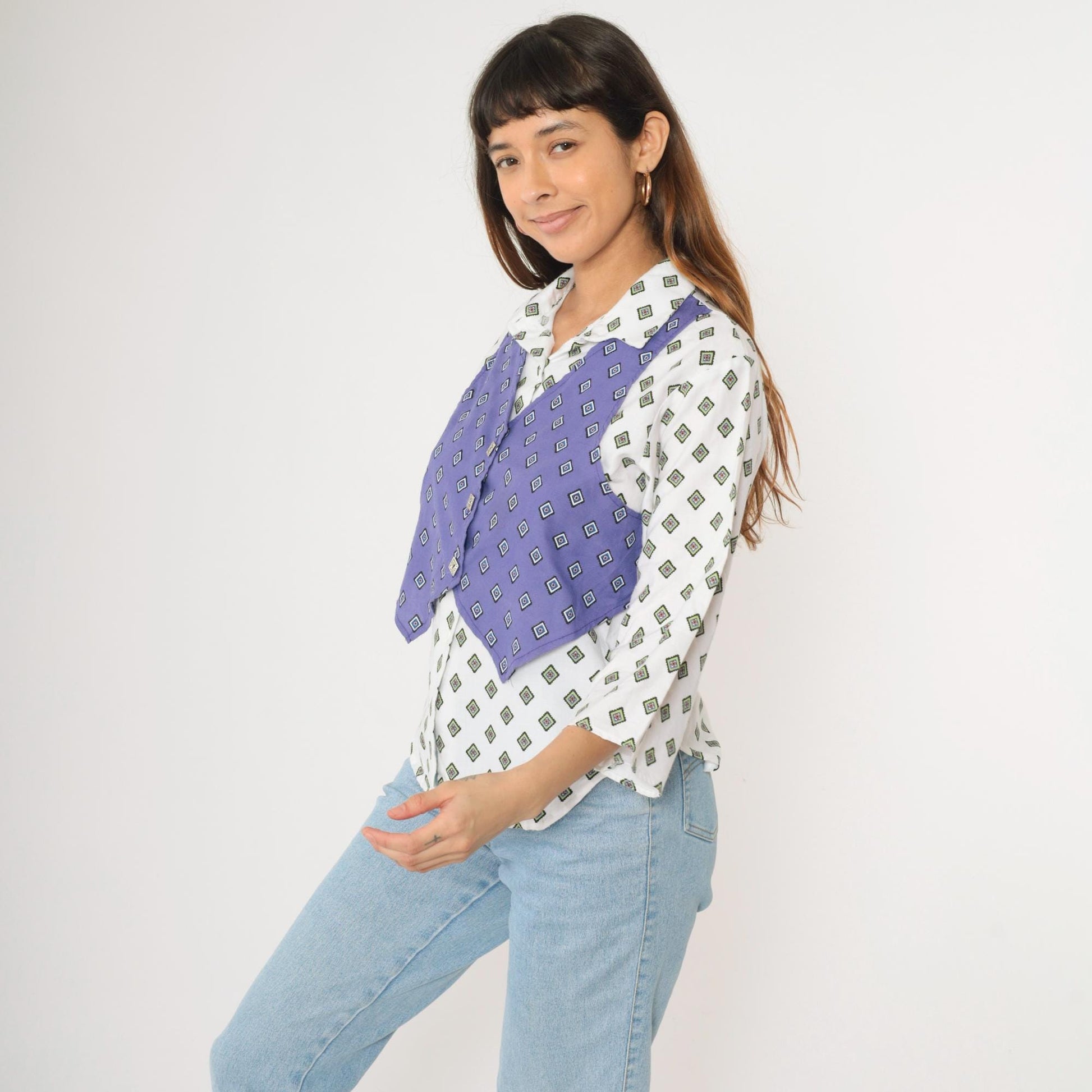 90s New Moves Geometric Button Up Shirt White Purple Attached Vest Medium