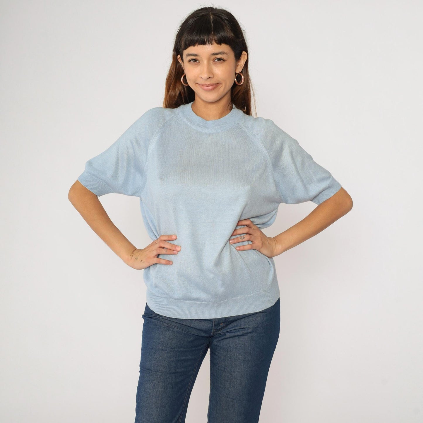 80s Blue Knit Sweater Raglan Short Sleeve Crewneck Rear Zip Large L
