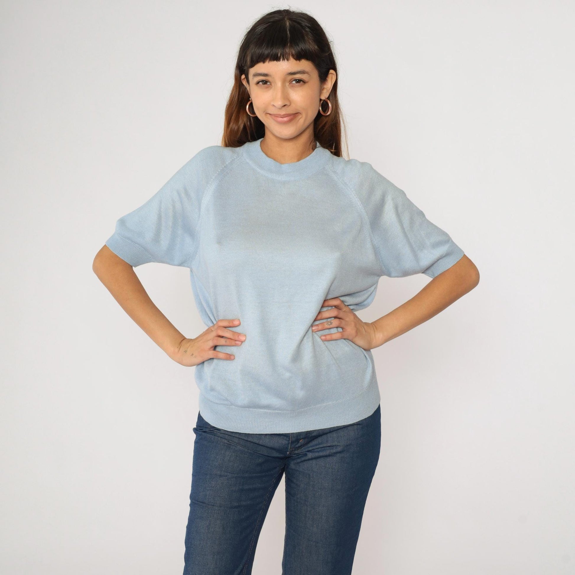 80s Blue Knit Sweater Raglan Short Sleeve Crewneck Rear Zip Large L