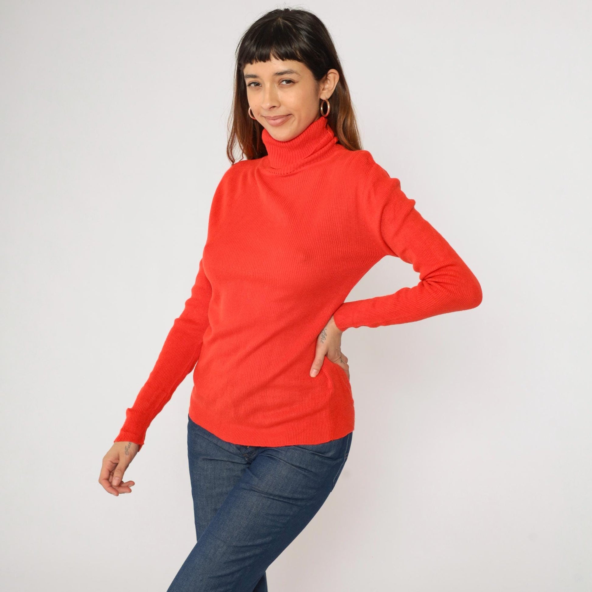 70s Red Ribbed Knit Turtleneck Sweater Pullover Medium