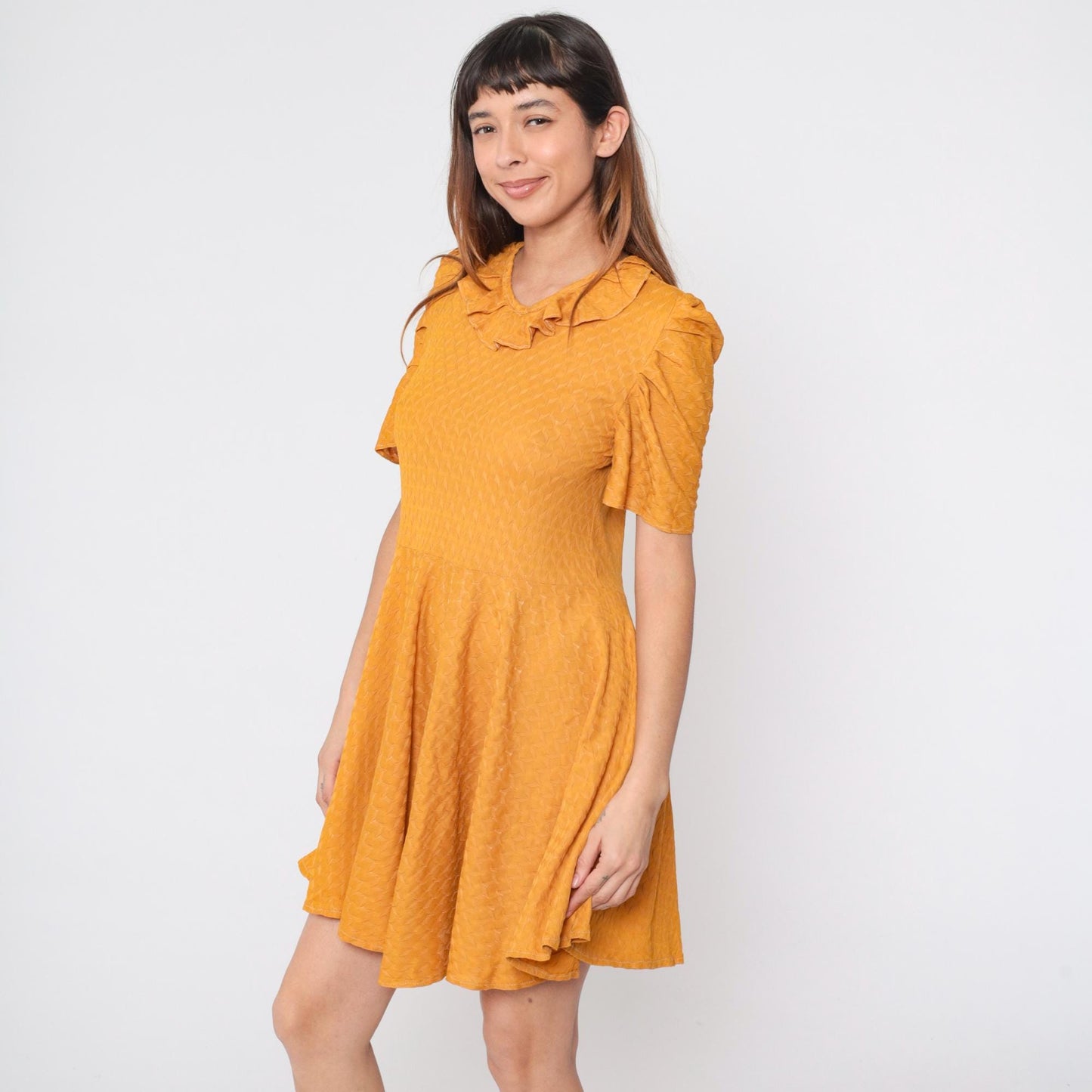1960s Marigold Orange Mini Dress Puff Sleeves Ruffled Collar Textured Knit Small Medium