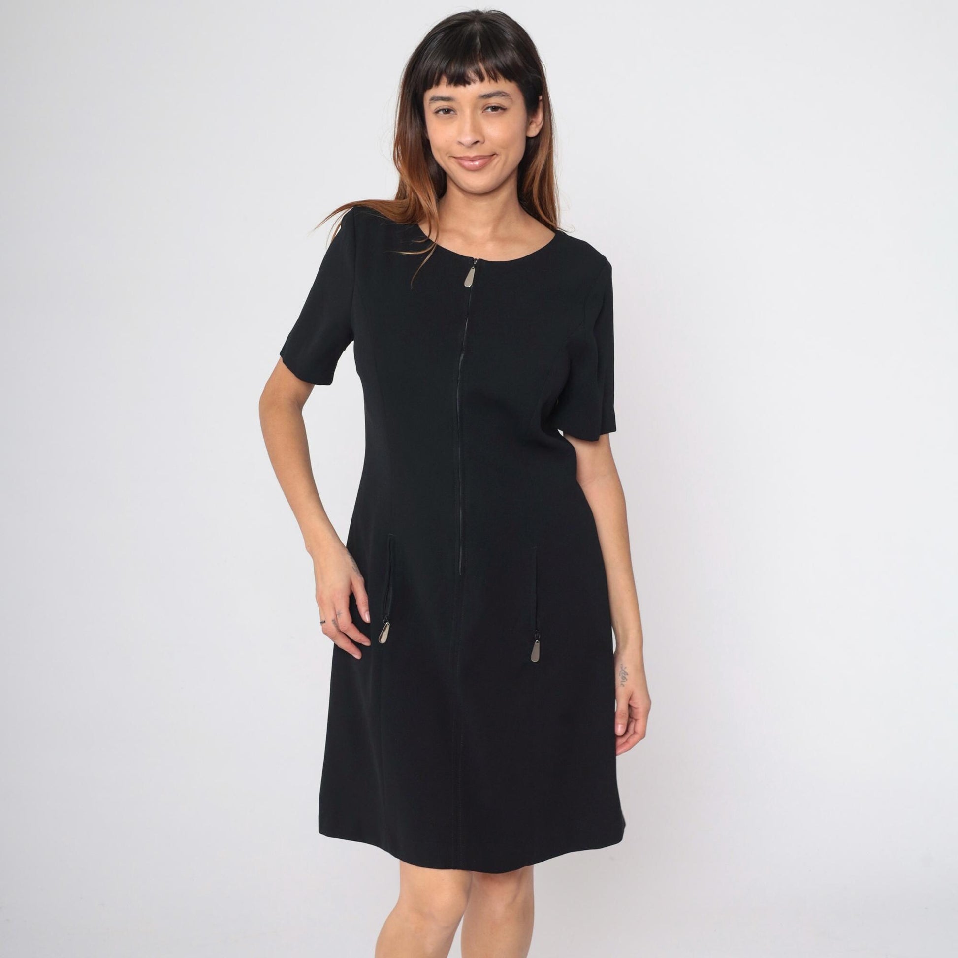 90s Carole Little Black Zip Mini Dress Shift Cut Pockets Medium
