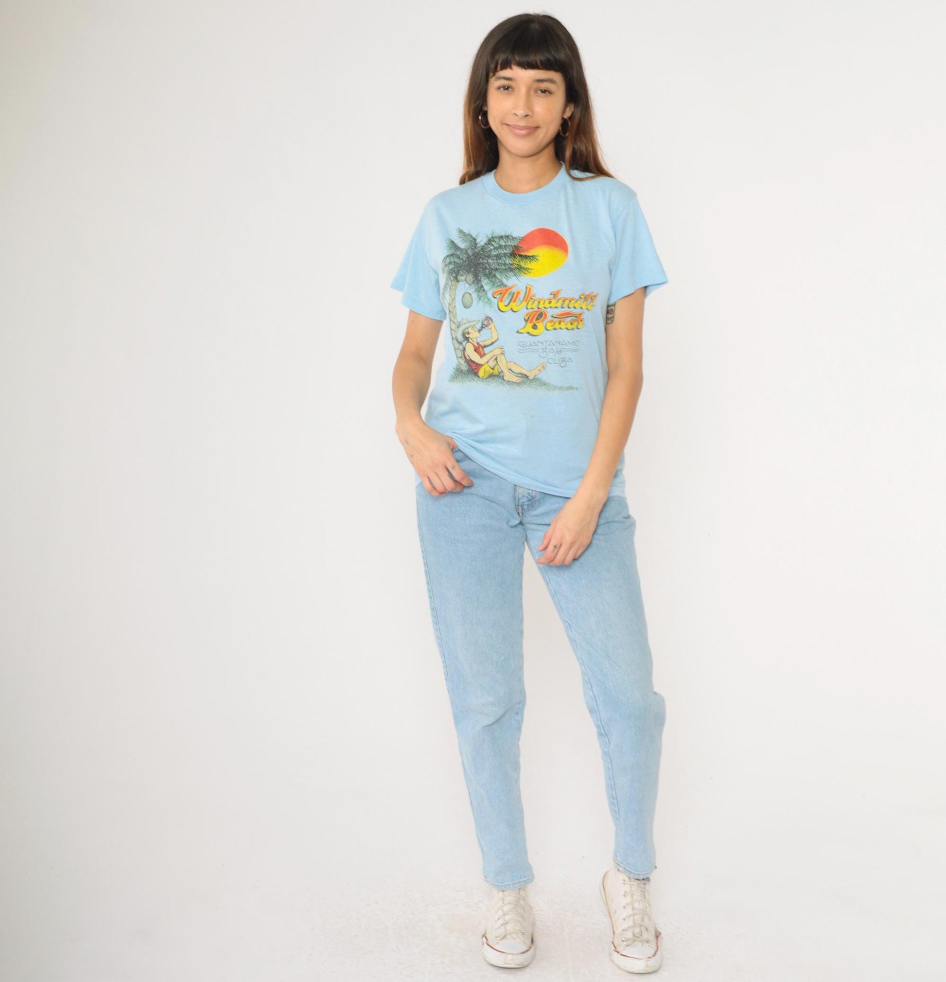 80s Guantanamo Bay Cuba Windmill Beach Graphic T-Shirt Baby Blue Small