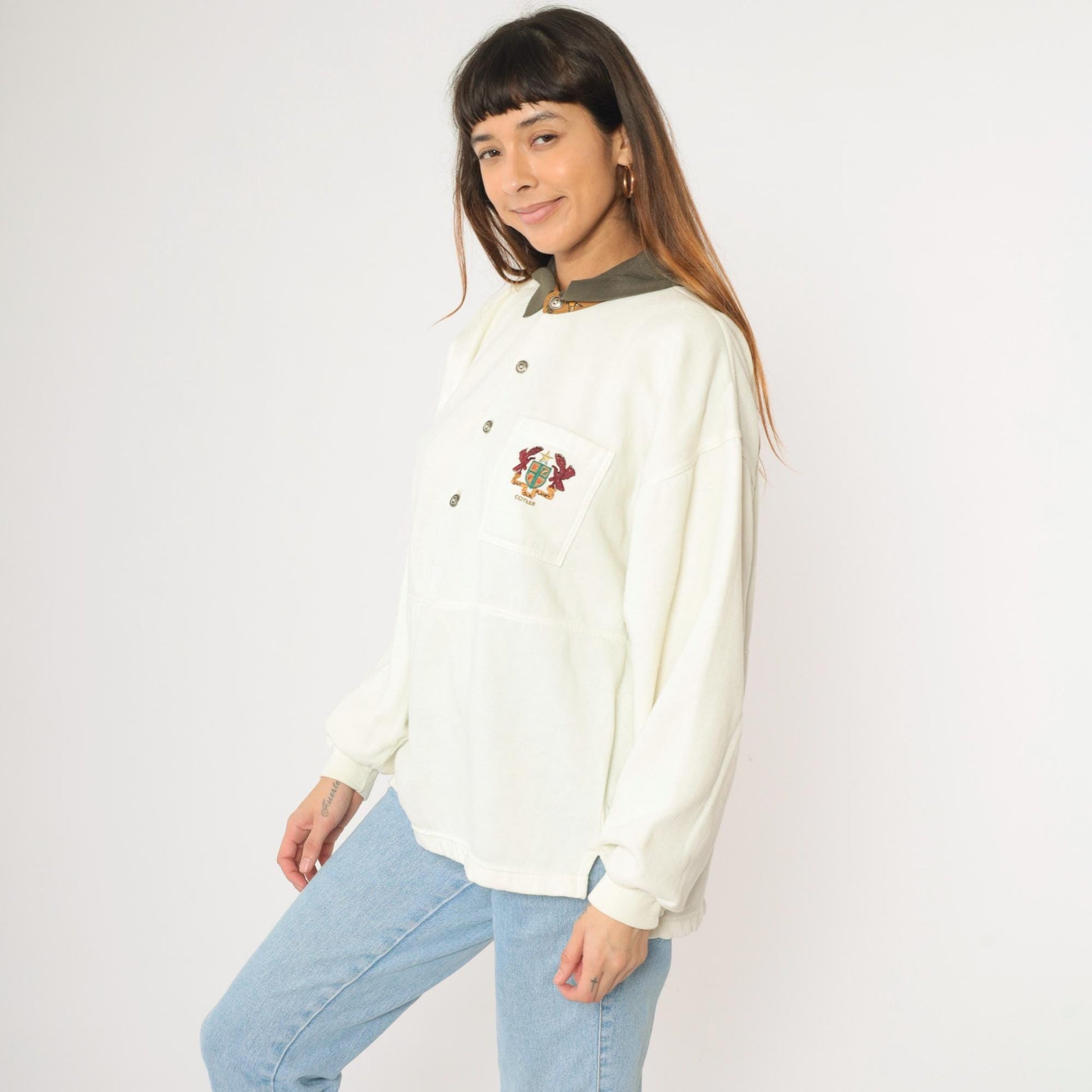 90s Cotler Collared Sweatshirt Embroidered Crest Cream Polo Extra Large XXL