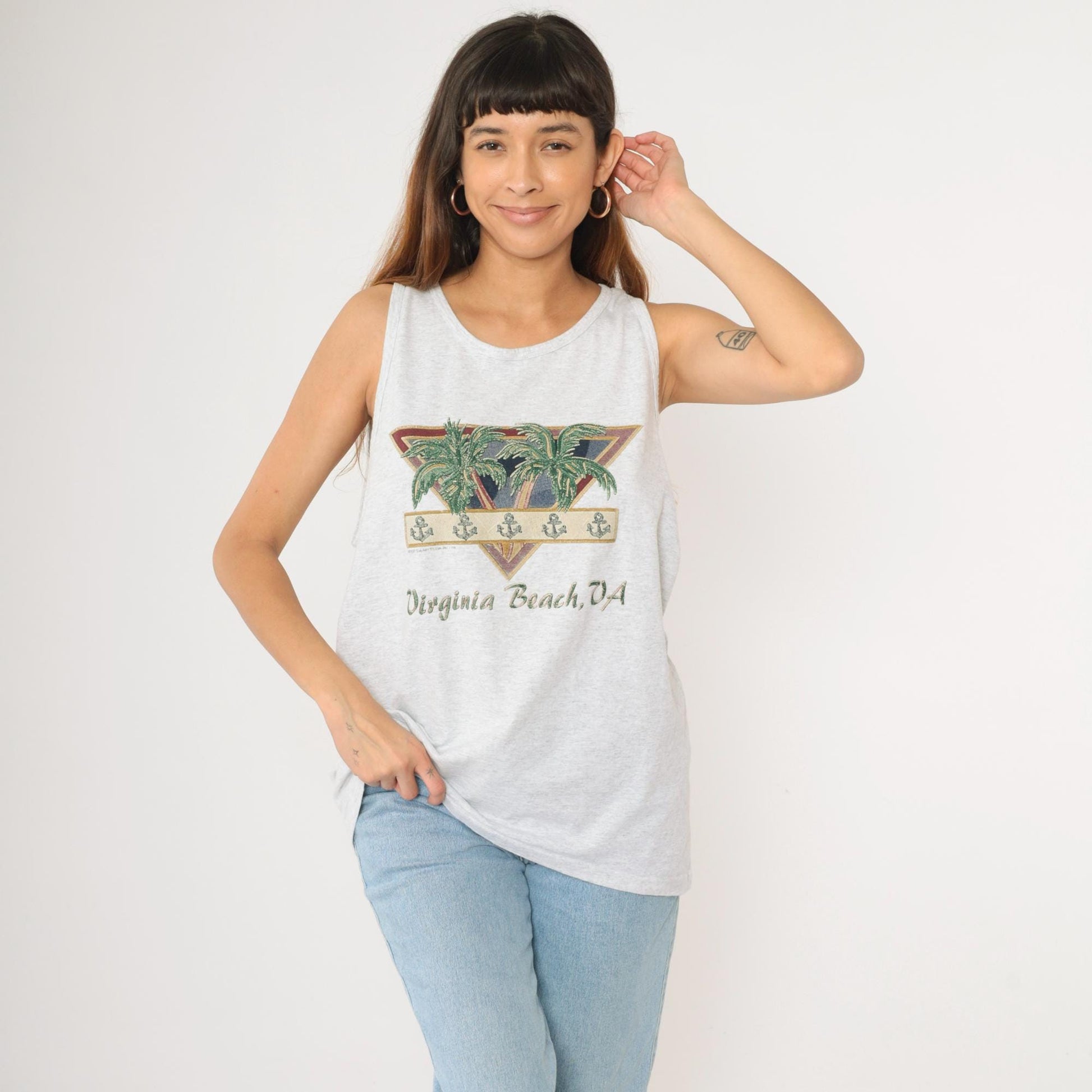 90s Virginia Beach Tank Top Graphic Tee Palm Tree Anchor Grey Extra Large