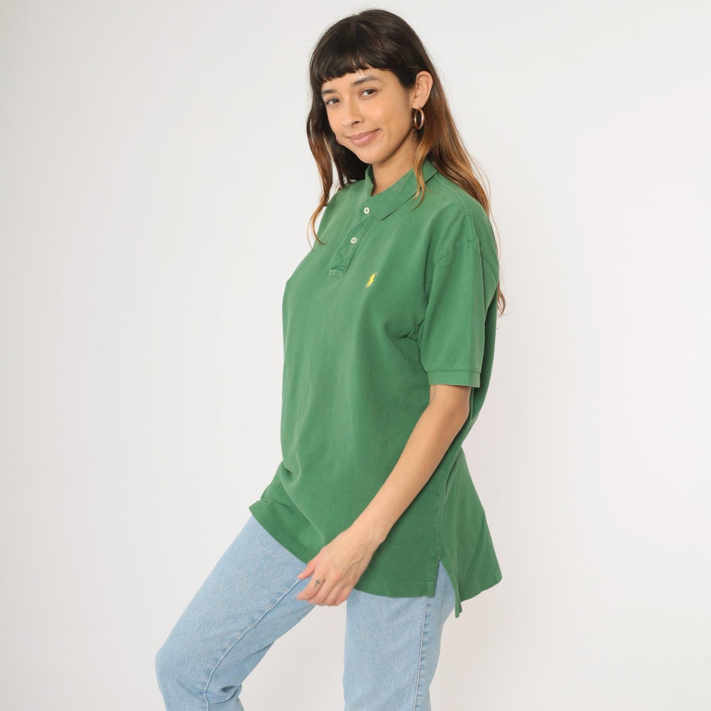 90s Ralph Lauren Polo Shirt Green Cotton Quarter-Button Collared Large L