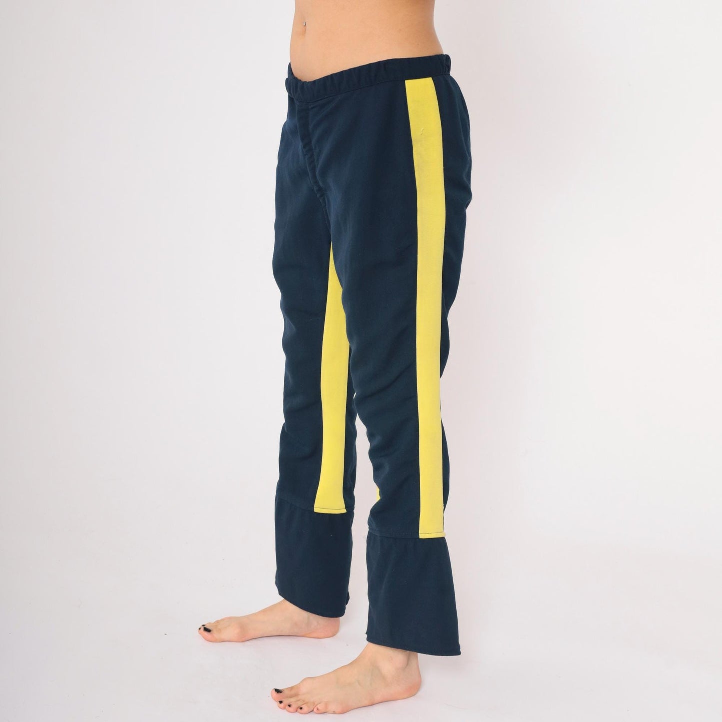 70s Roffe Ski Pants Navy Blue Yellow Striped Flared Snow Pants Medium