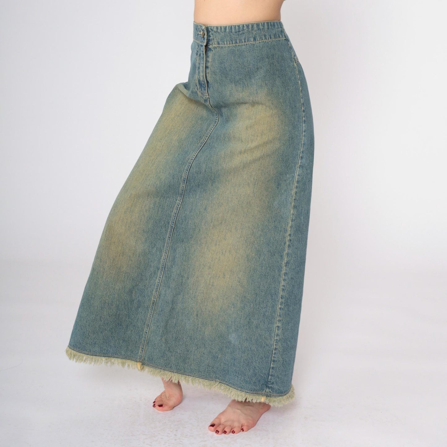 Y2K Blue Denim Maxi Skirt High Rise A-Line Rear Slit Small 6