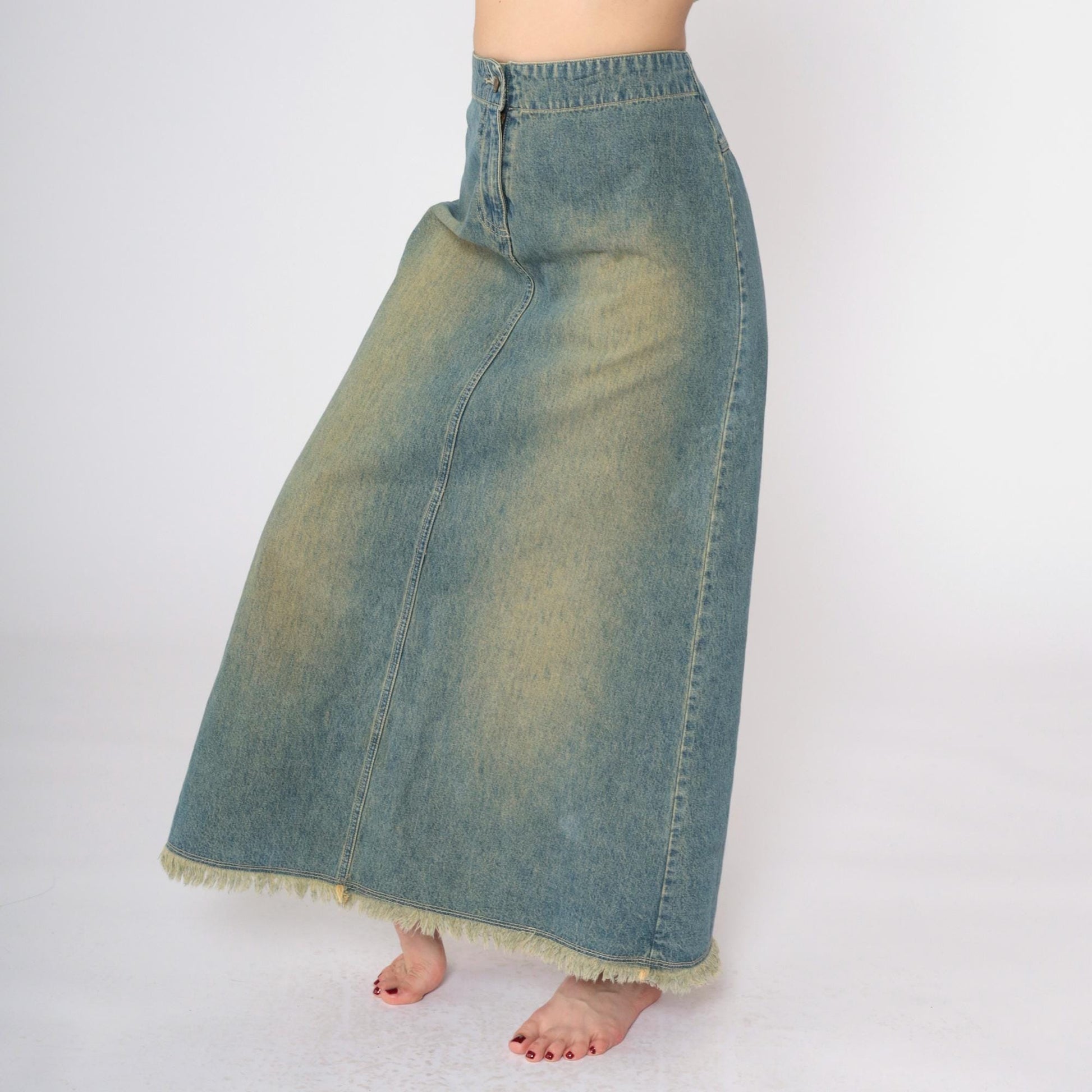 Y2K Blue Denim Maxi Skirt High Rise A-Line Rear Slit Small 6