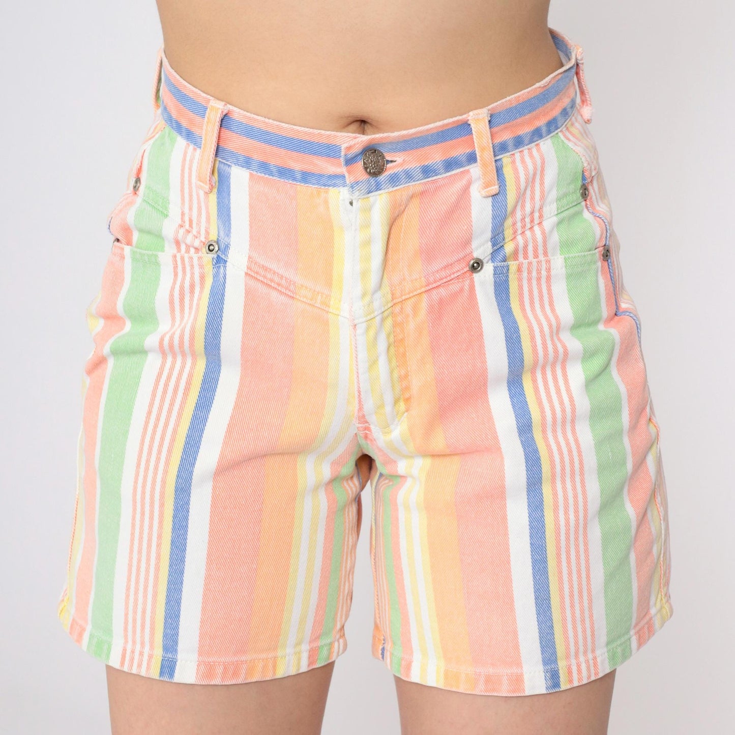90s Good Fellows Rainbow Striped Denim Shorts High Waist Multicolor Extra Small