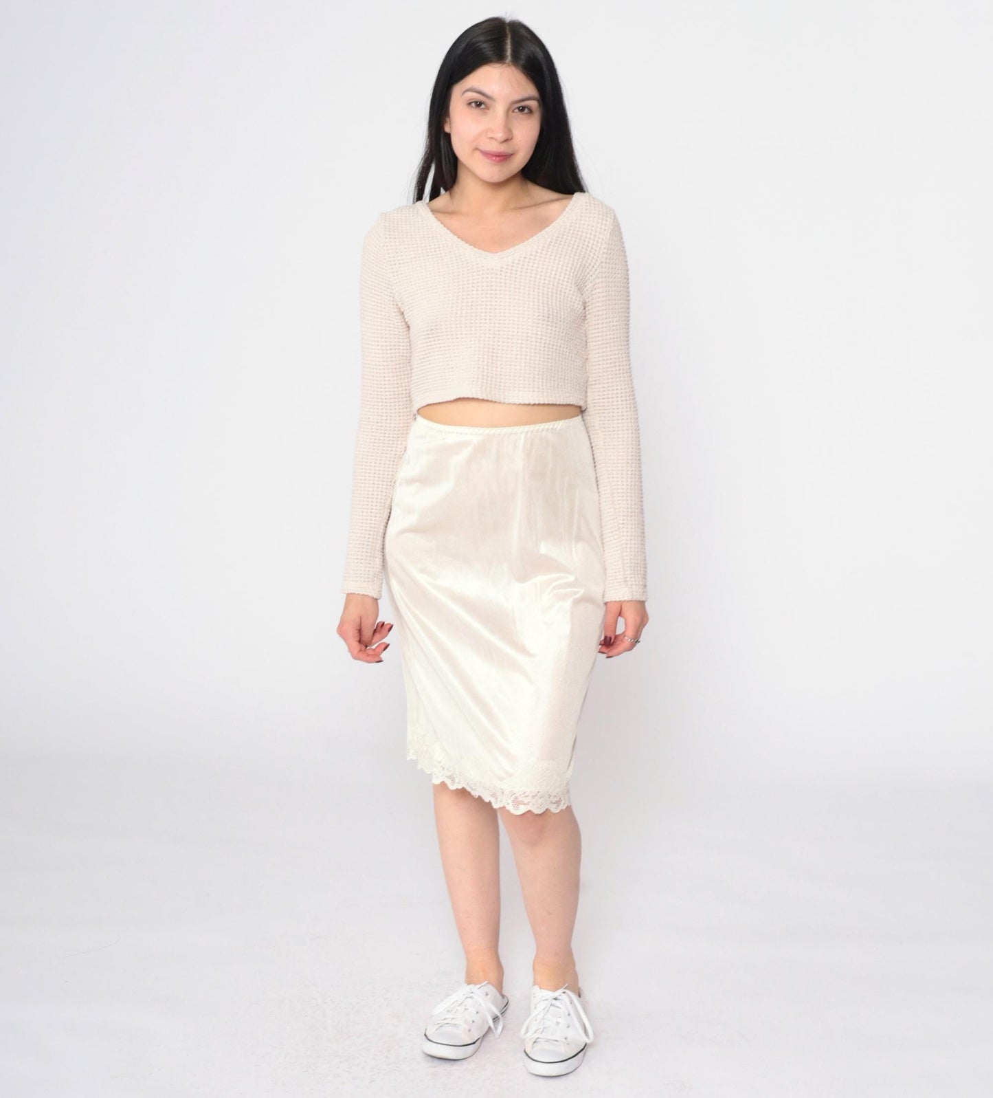 70s Cream Lace Half Slip Skirt Elastic Waist Knee Length Large