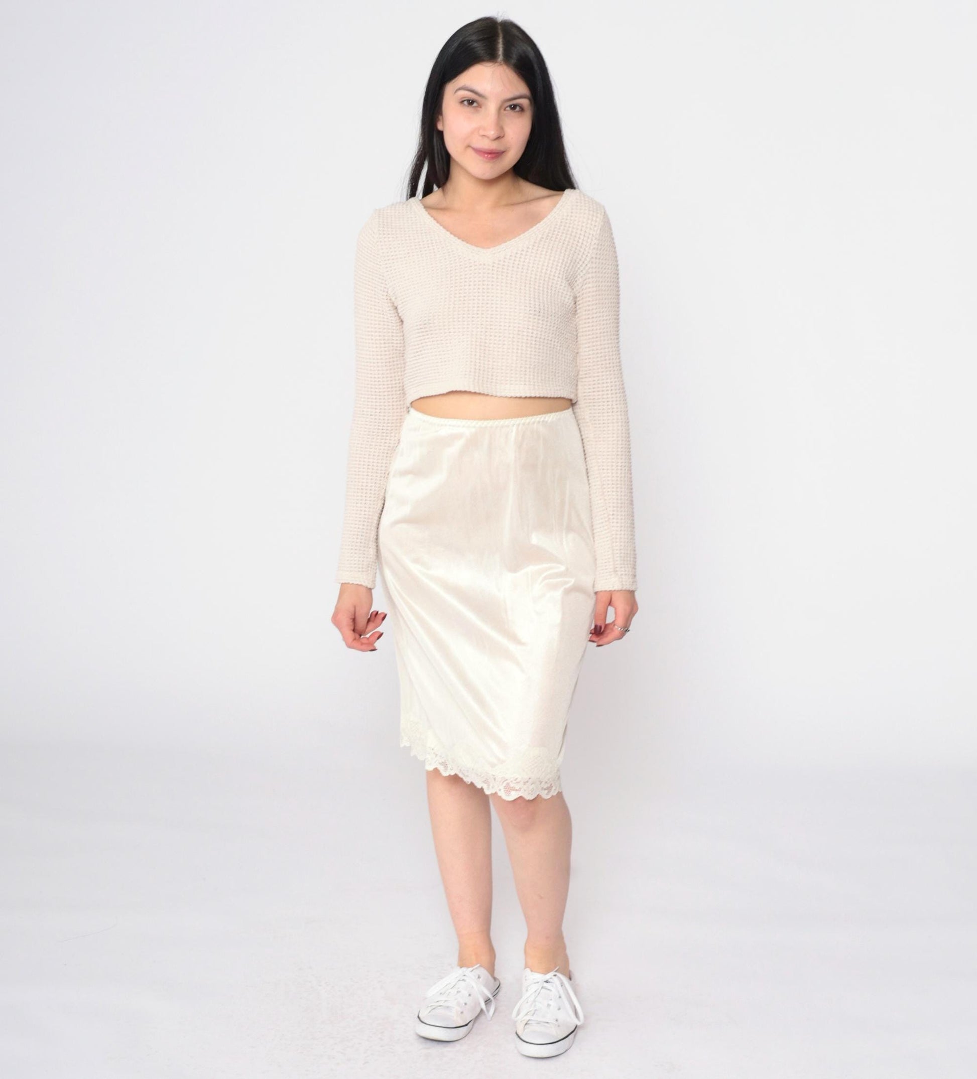 70s Cream Lace Half Slip Skirt Elastic Waist Knee Length Large