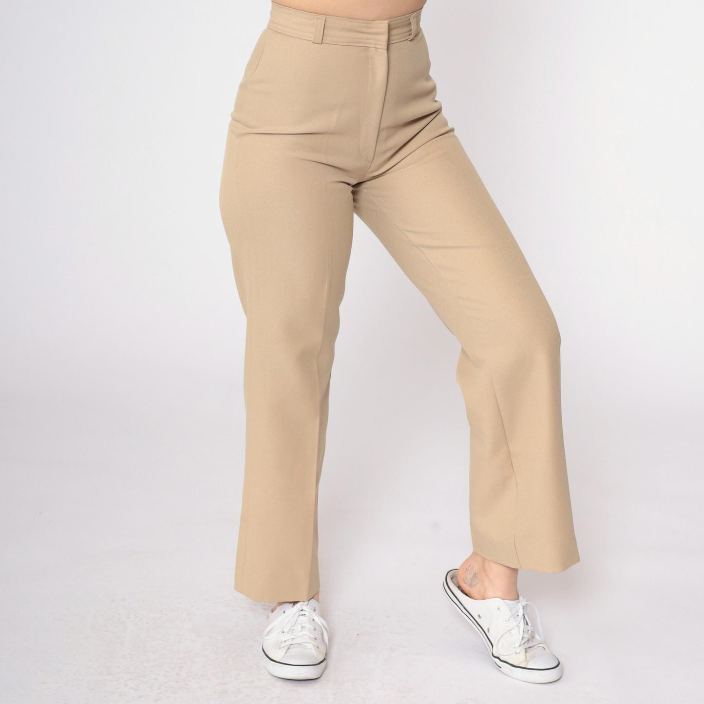 70s Tan Straight Leg High Rise Trousers Creased Vintage XS