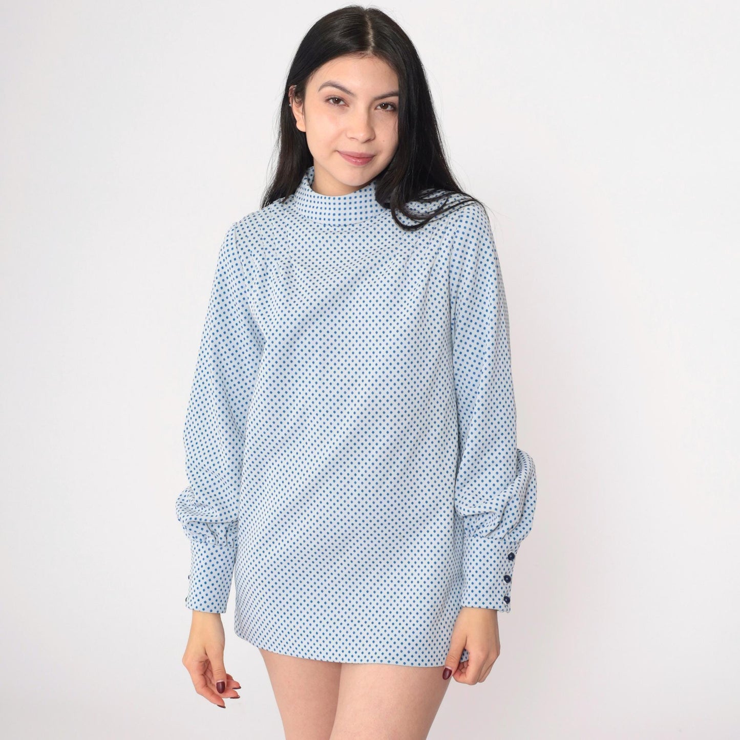 60s Mod Blouse White Blue Polka Dot Mock Neck Long Sleeve Small