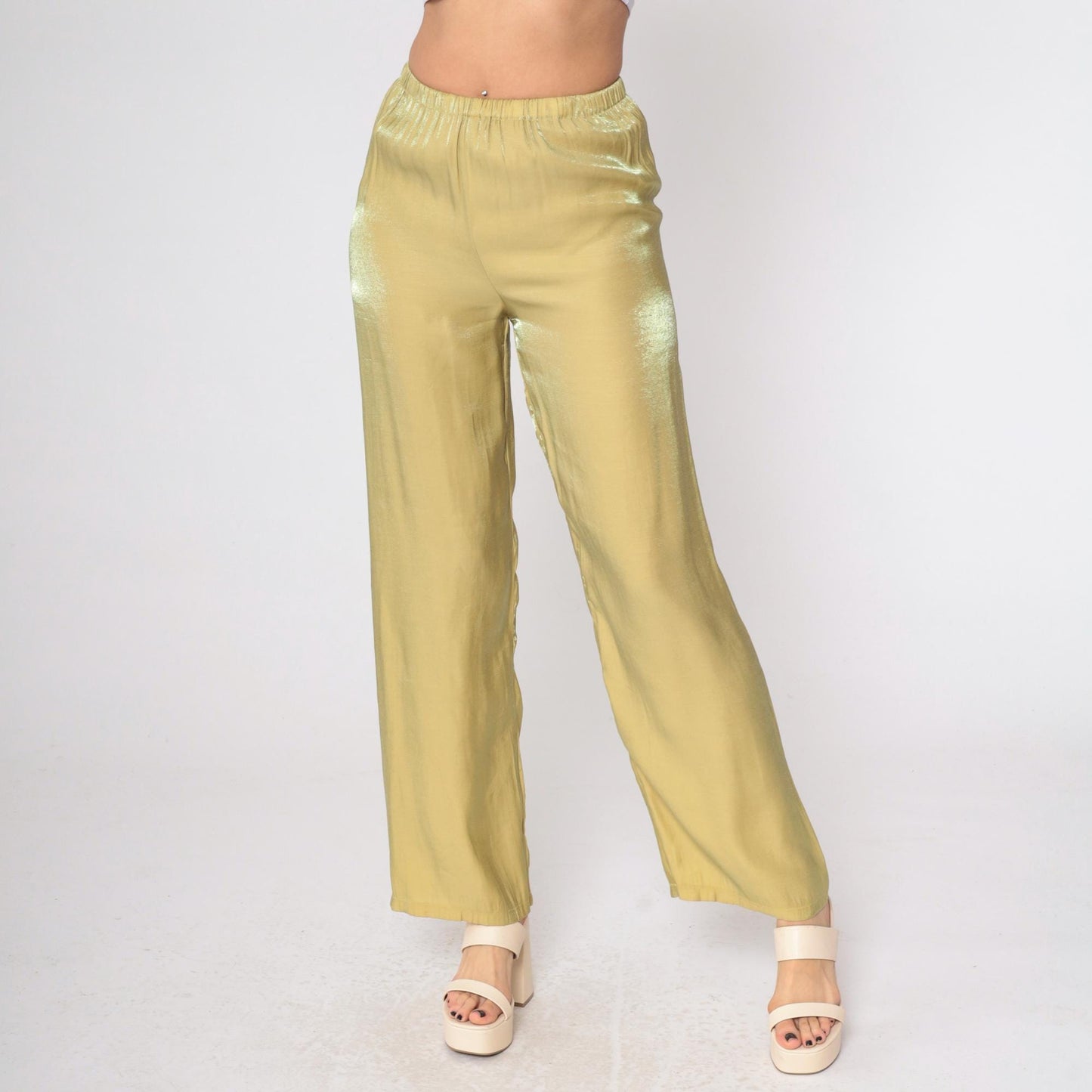90s Iridescent Gold Metallic Straight Leg Trousers High Waist Small XS