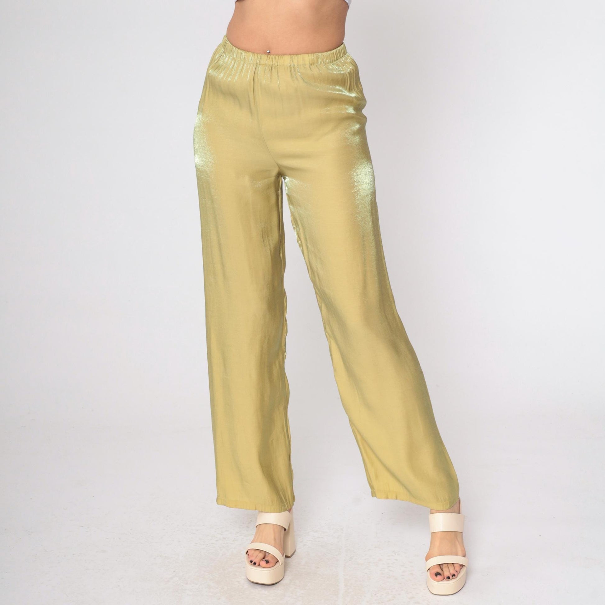 90s Iridescent Gold Metallic Straight Leg Trousers High Waist Small XS