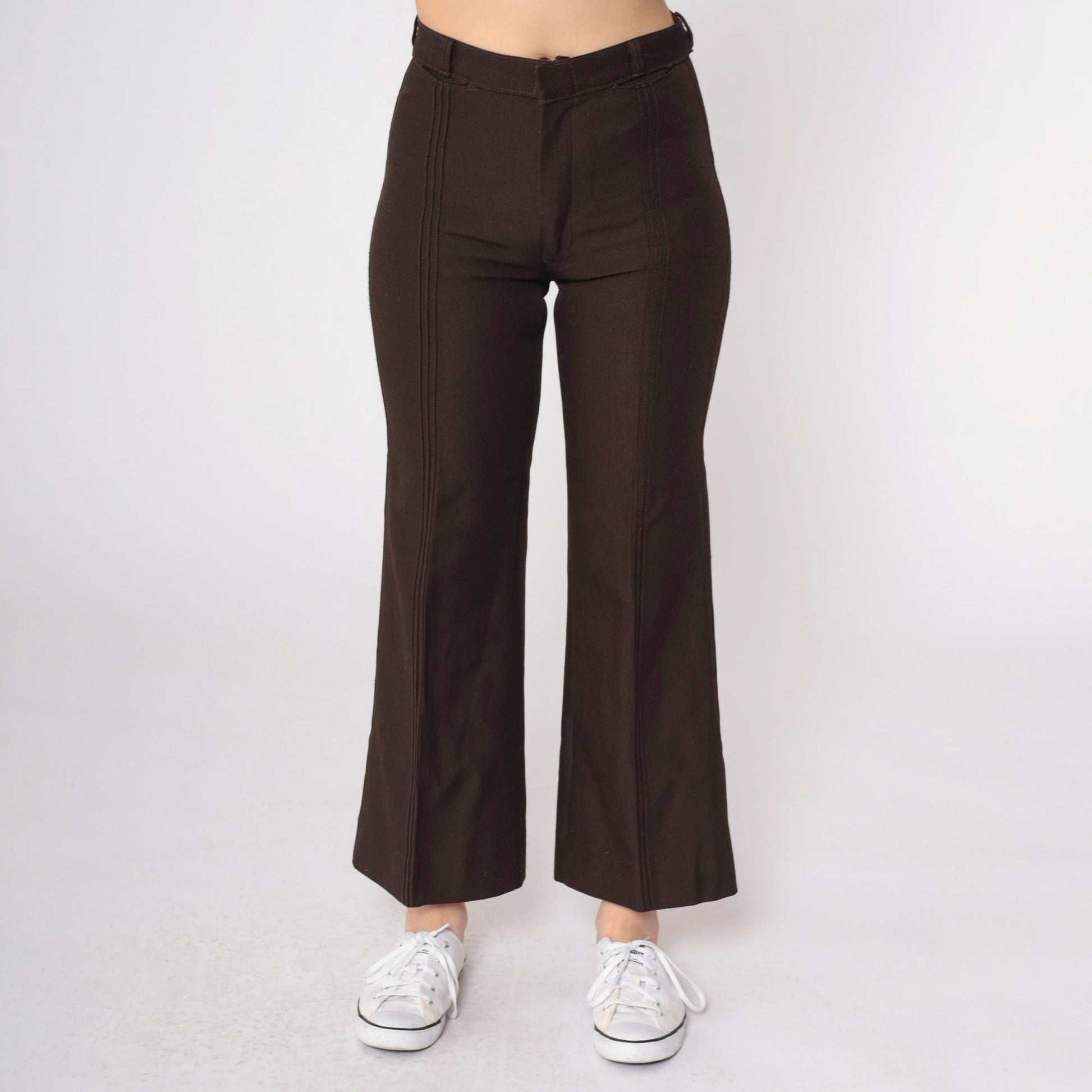70s Dark Brown Bell Bottom Pants Pintuck Pleated Mid Rise Extra Small