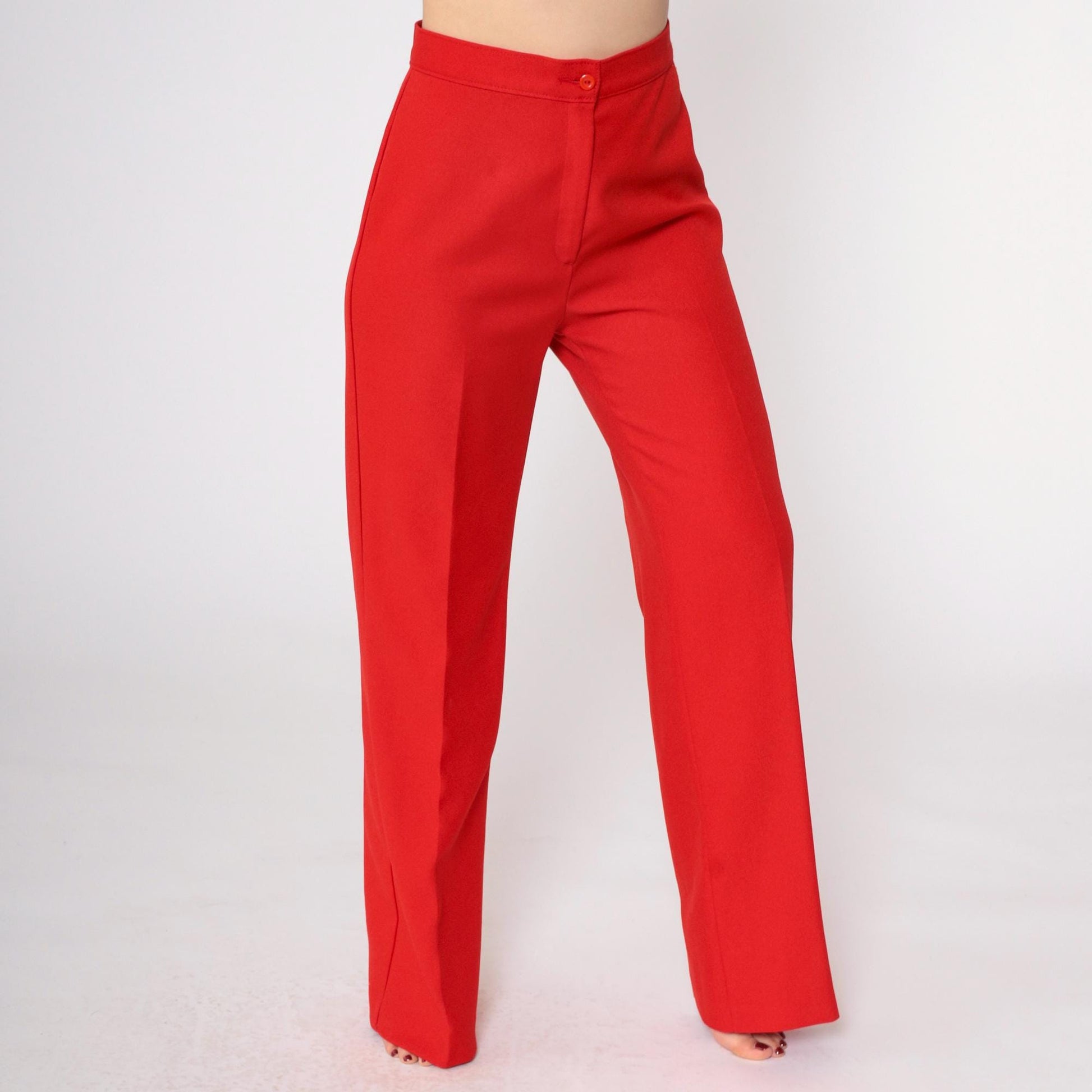 70s Red Straight Leg High Rise Trousers Polyester Vintage Medium