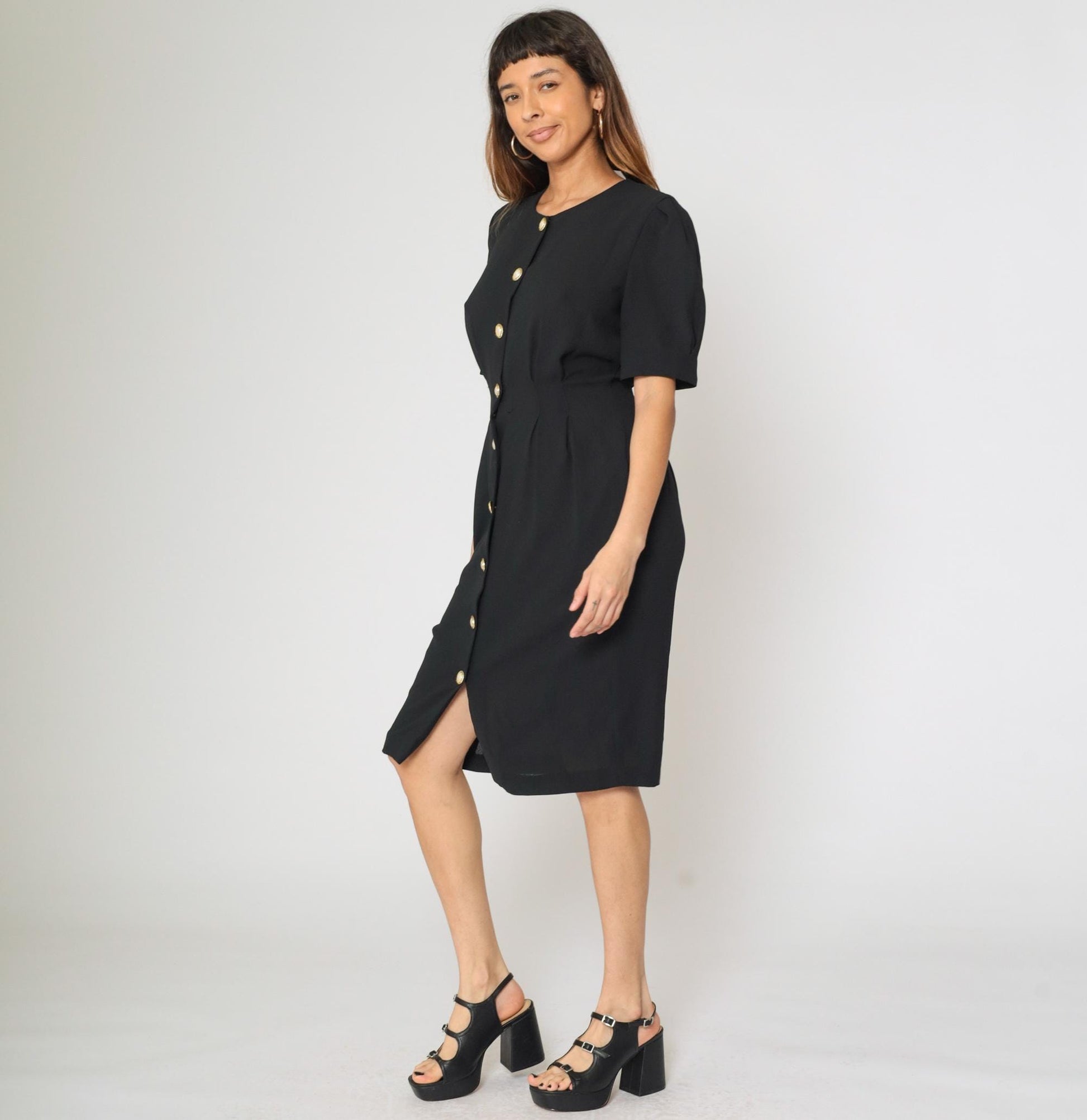 90s Ms Chaus Black Button-Up Midi Dress Puff Sleeve Pencil Medium 8