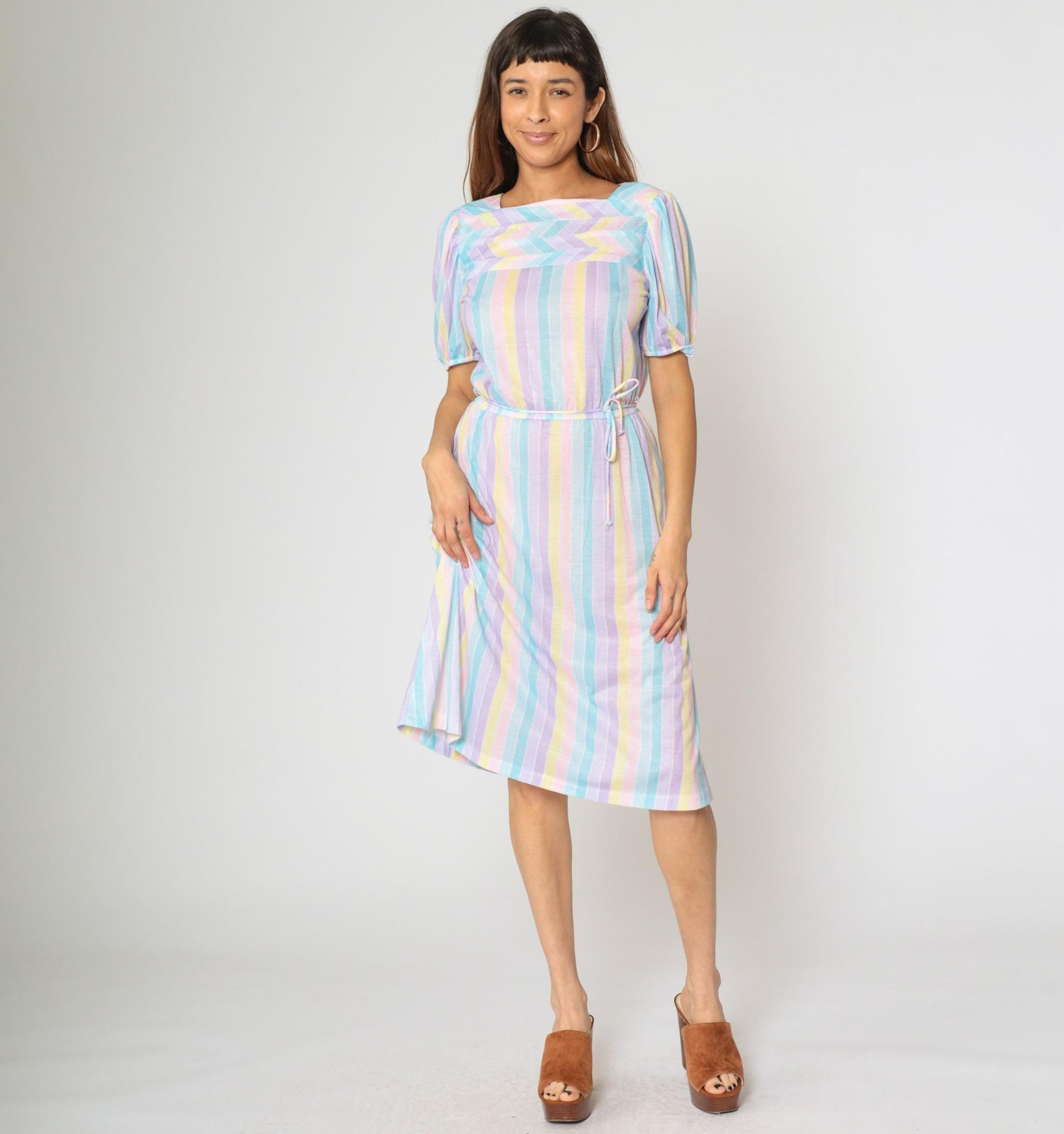 80s Pastel Striped Midi Dress Puff Sleeve Elastic Waist Small Medium