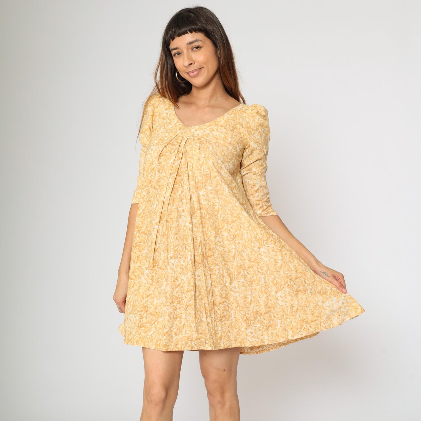 90s Hilo Hattie Hawaiian Yellow Floral Mini Dress Puff Sleeve A-Line Extra Small