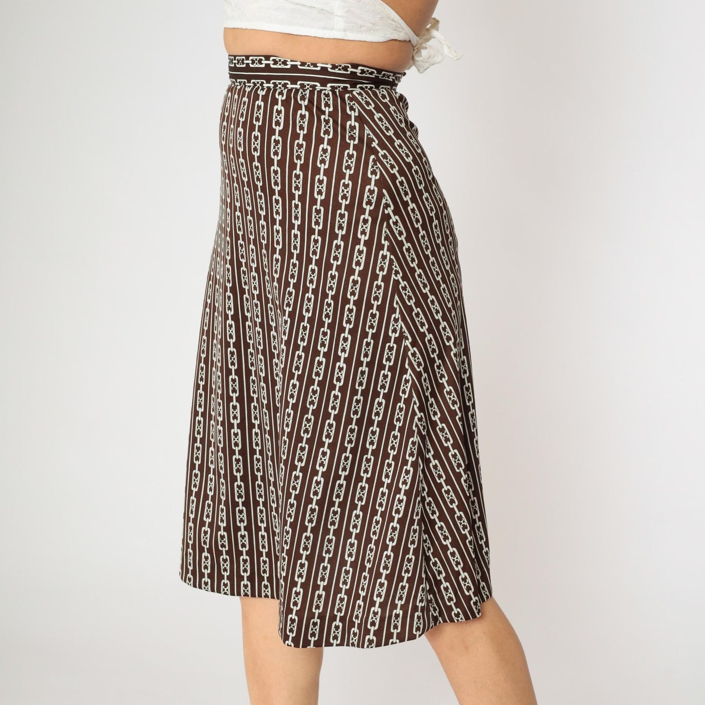 60s Brown Chain Print Midi Skirt A-Line High Waist Flared Small