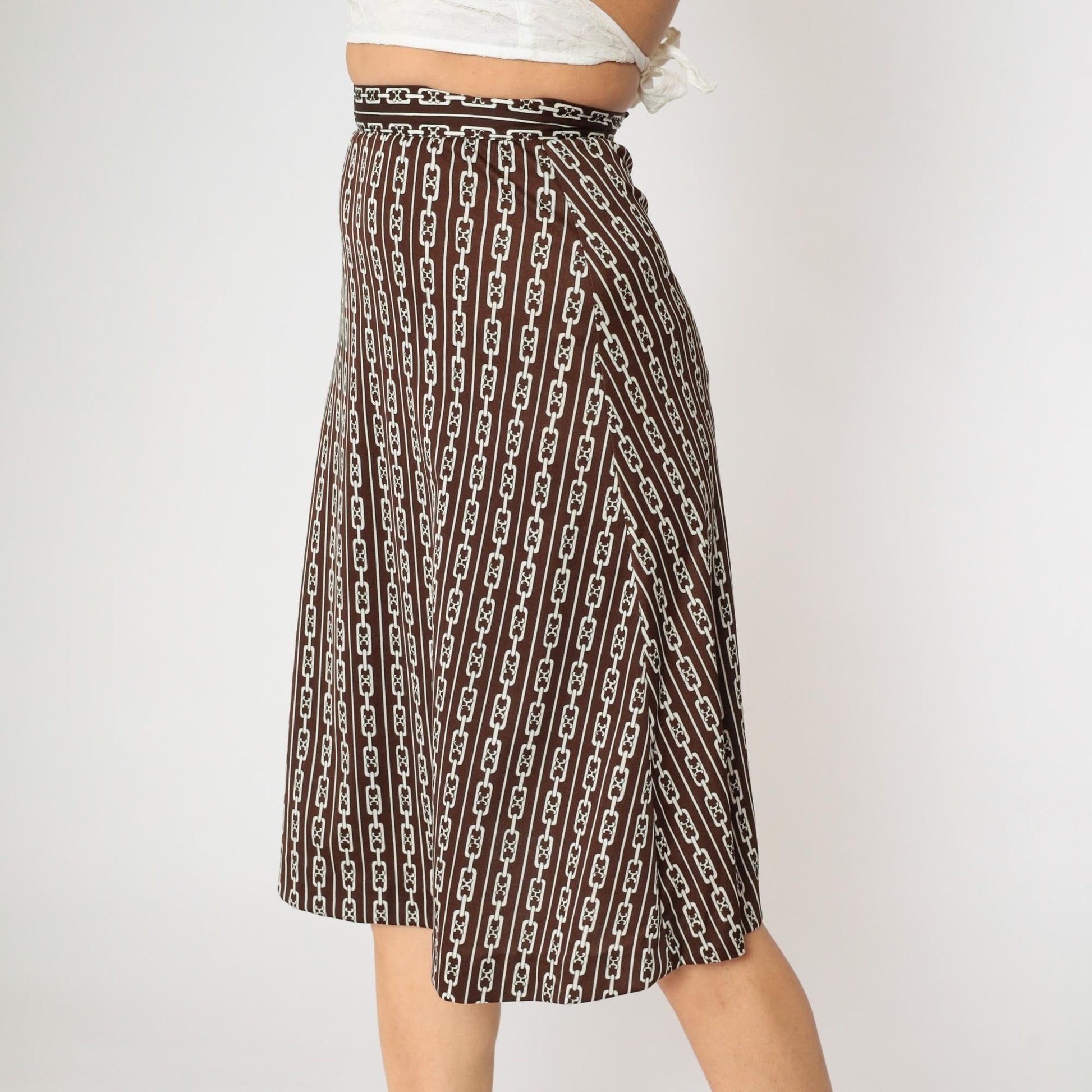 60s Brown Chain Print Midi Skirt A-Line High Waist Flared Small
