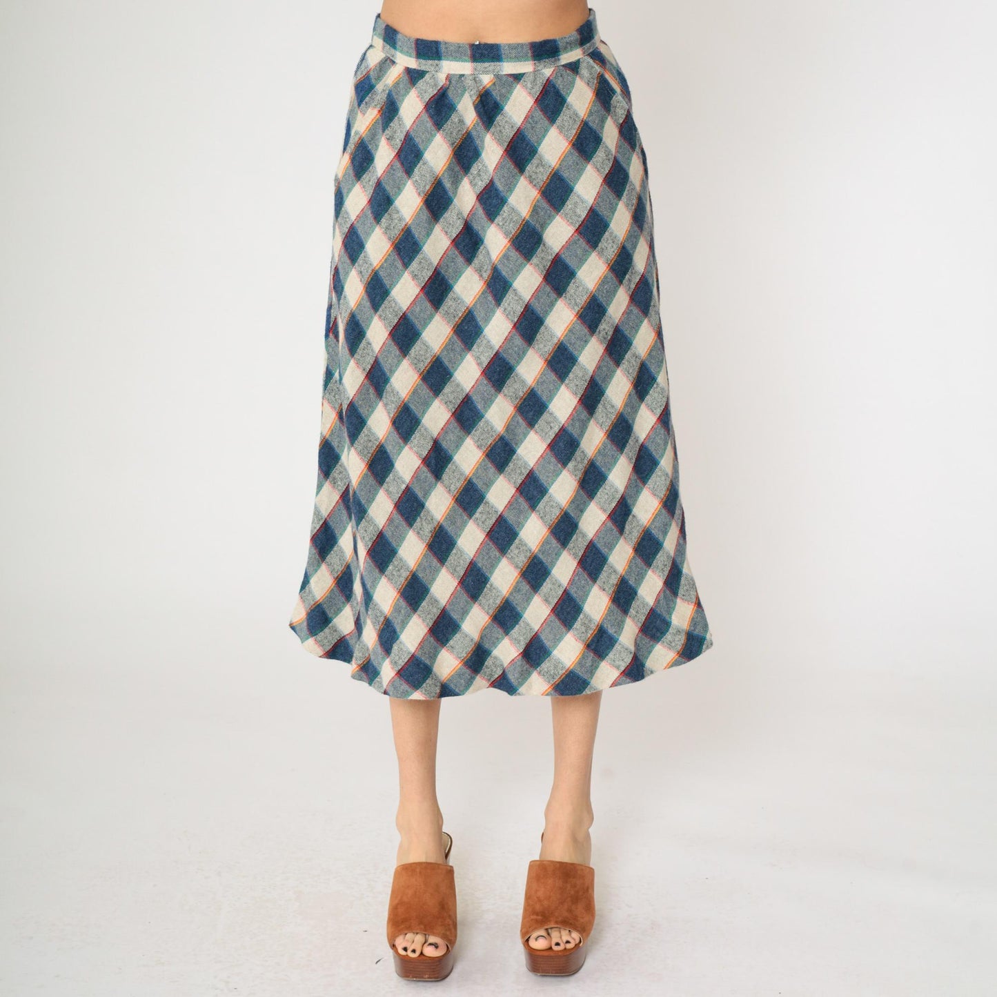 80s Blue Cream Checkered Skirt High Waist Knee Length Medium