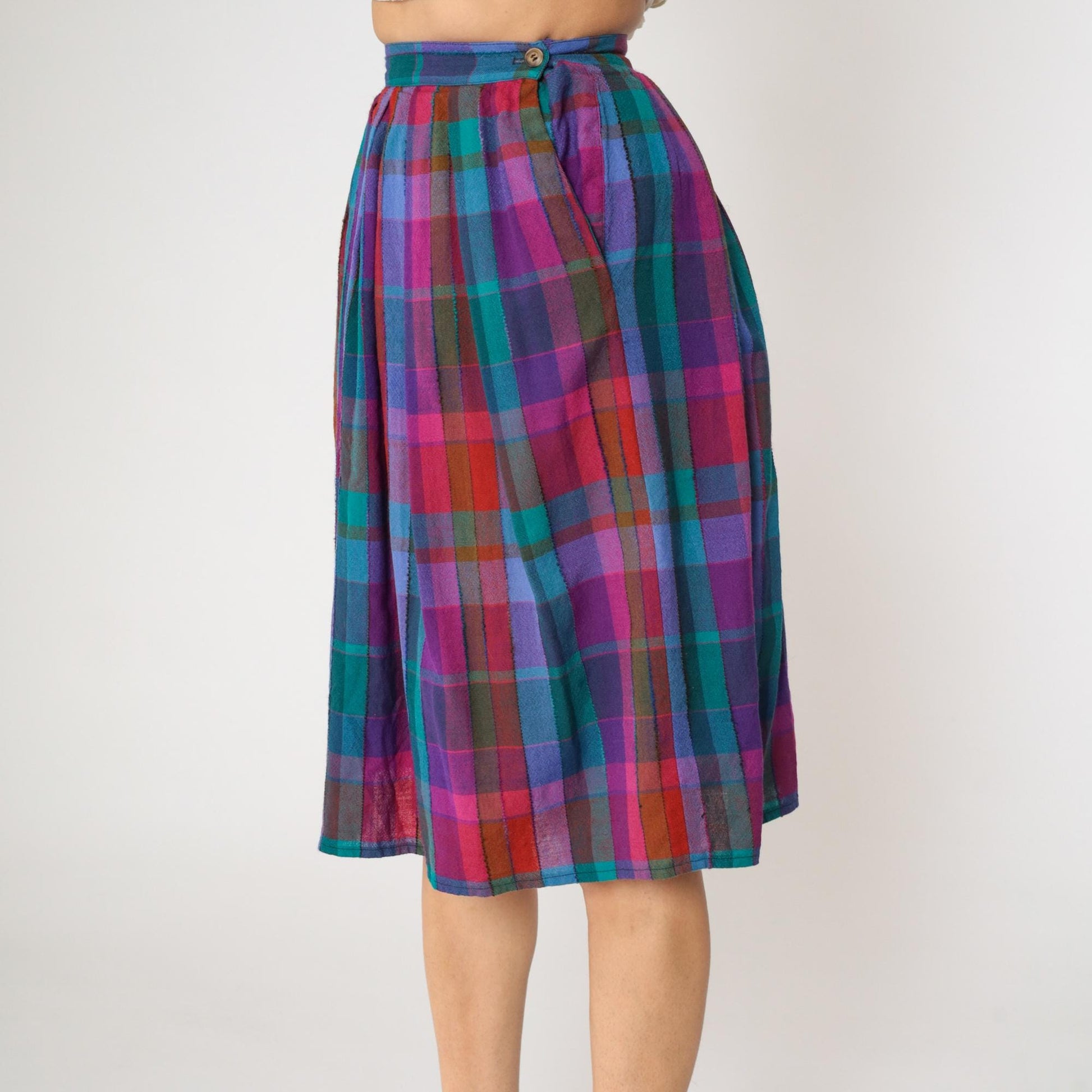 80s John Meyer Checkered Wool Midi Skirt High Waist Pleated Purple Blue Extra Small