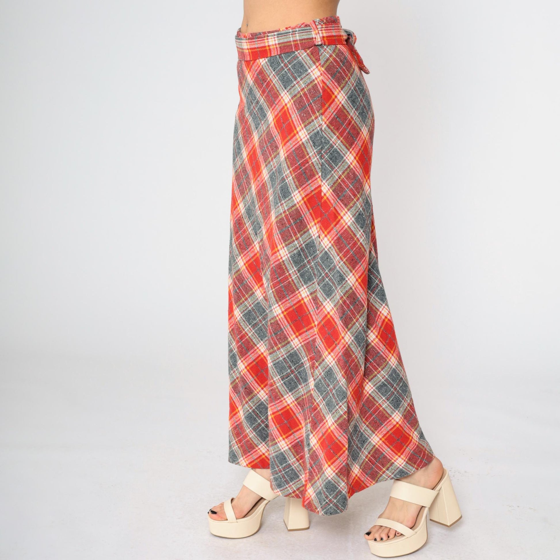 70s Plaid Wool Maxi Skirt High Waist A-Line Red Grey Tartan Medium Large