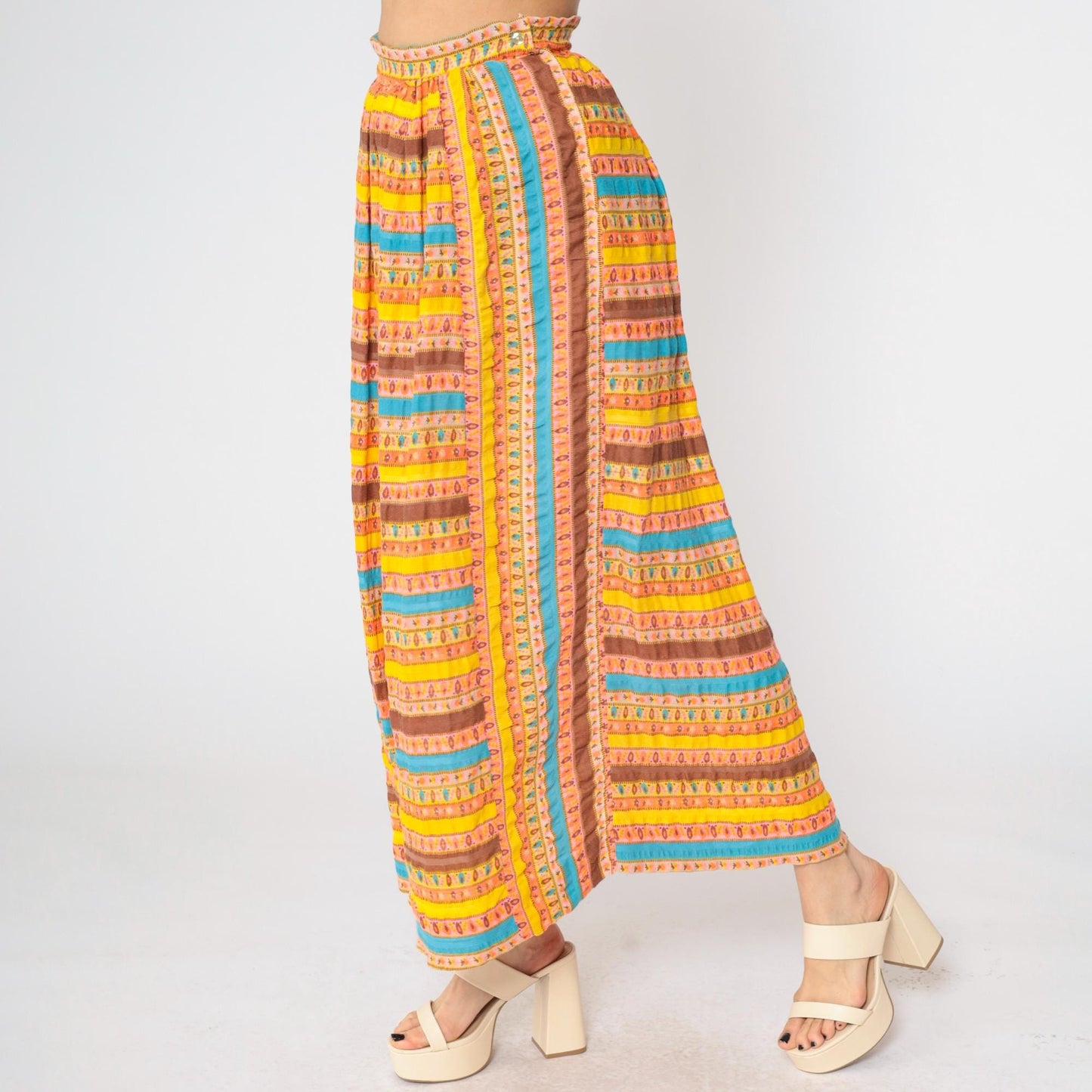 70s Lady Arrow Striped Maxi Skirt High Waist Floral Abstract Print Medium