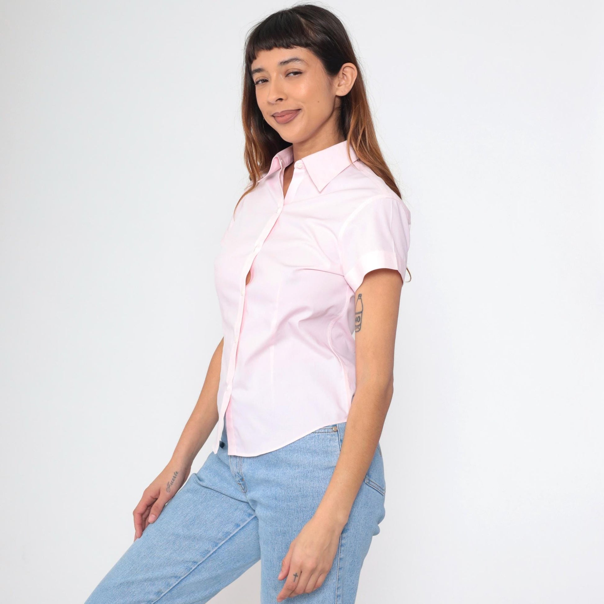 90s Brooks Brothers Baby Pink Cotton Button-Up Blouse Short Sleeve Petite 2P