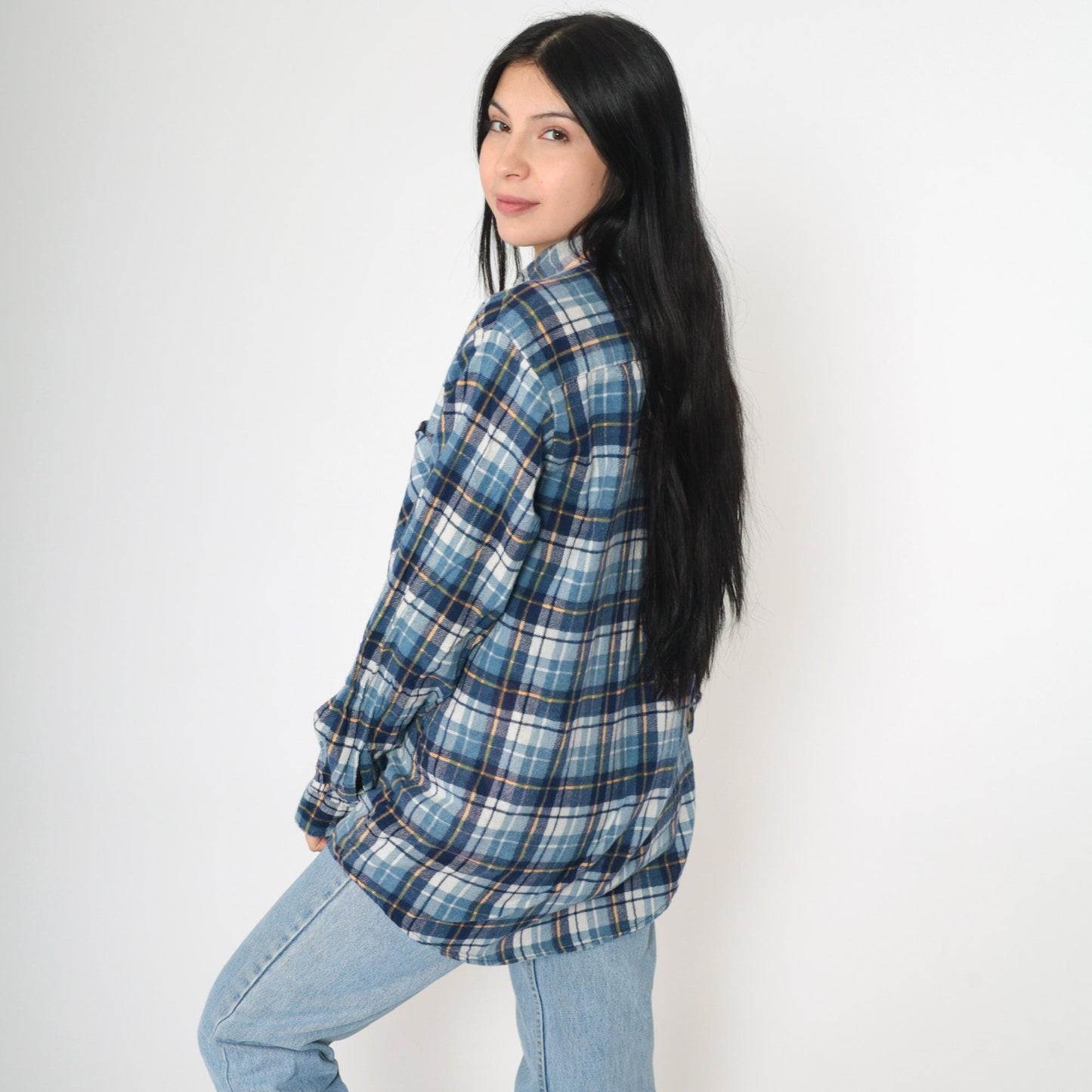 90s Ozark Trail Blue Plaid Flannel Shirt Cotton Button-Up Medium