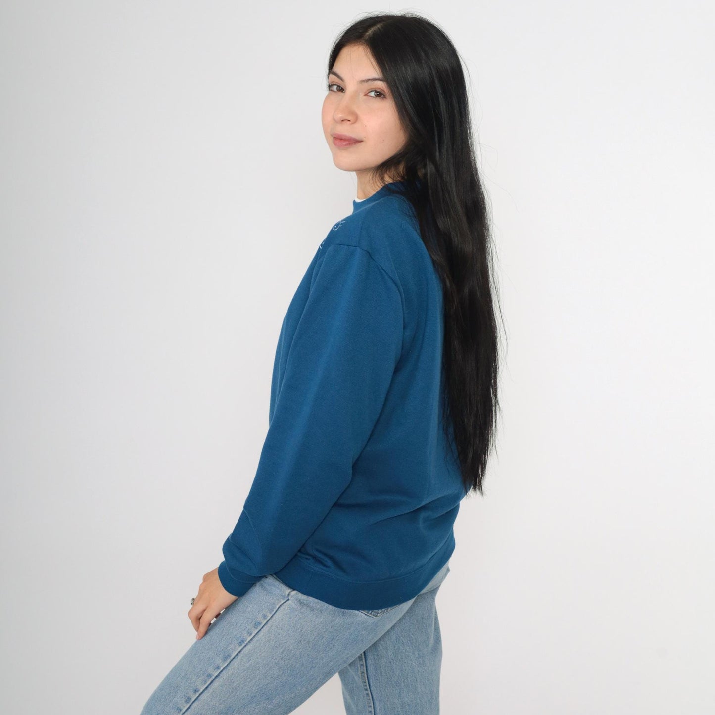 Y2K Blair Floral Embroidered Sweatshirt Blue Double Collar Crewneck Small