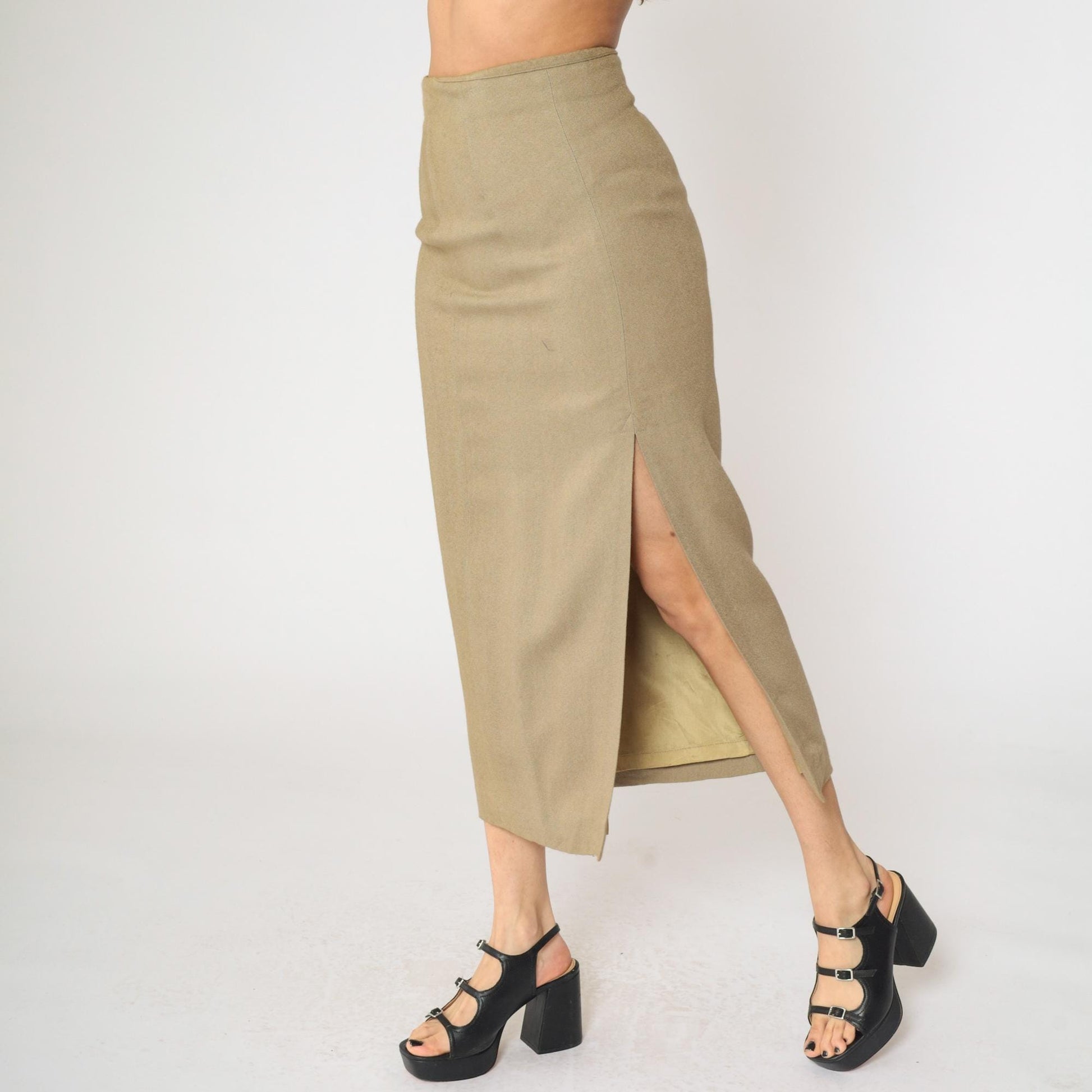 90s Express Khaki Maxi Skirt High Waisted Side Slit Straight Small S