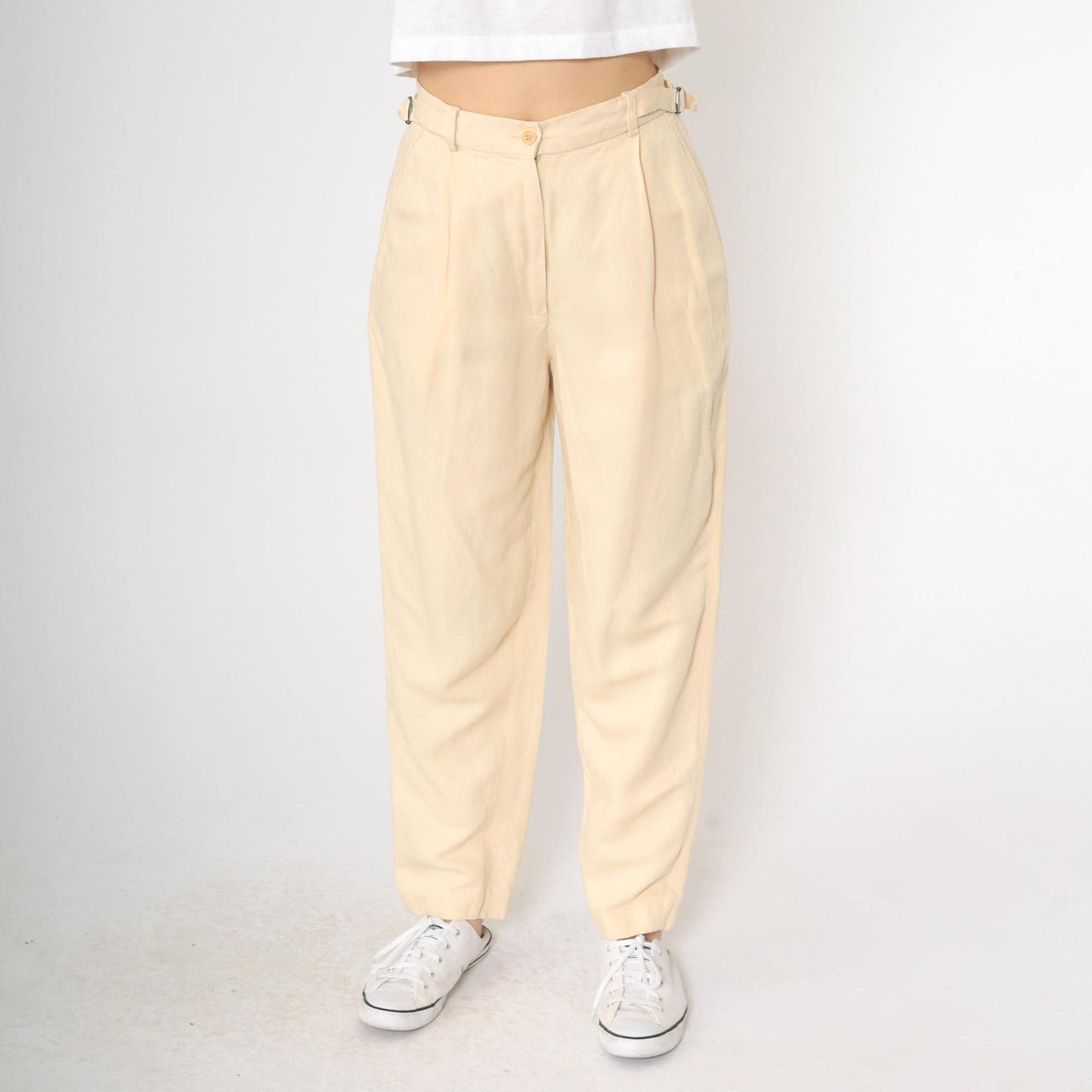 90s Calvin Klein Light Yellow Viscose Linen Pleated High-Waist Tapered Trousers Small 6