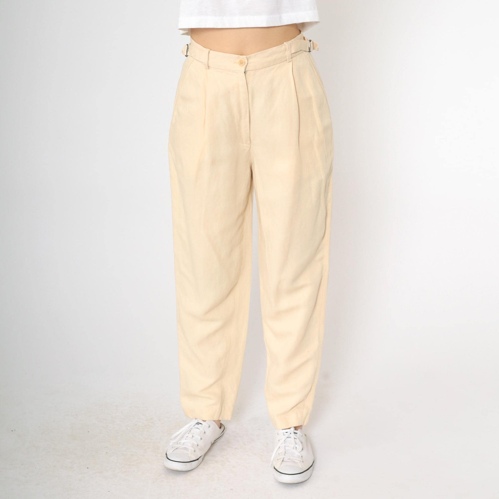 90s Calvin Klein Light Yellow Viscose Linen Pleated High-Waist Tapered Trousers Small 6