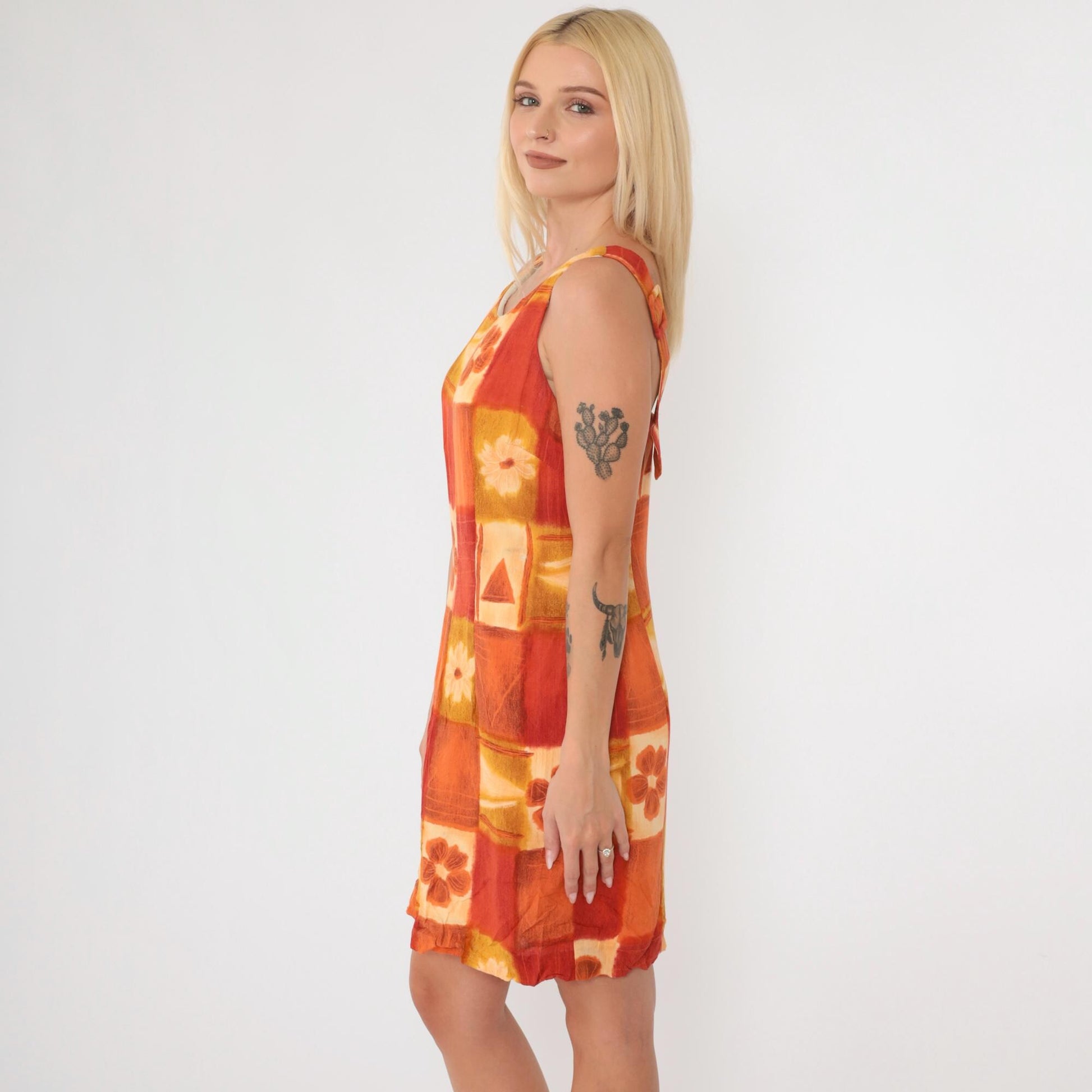 90s Jeffrey & Dara Geometric Floral Mini Dress Sleeveless Yellow Orange Small