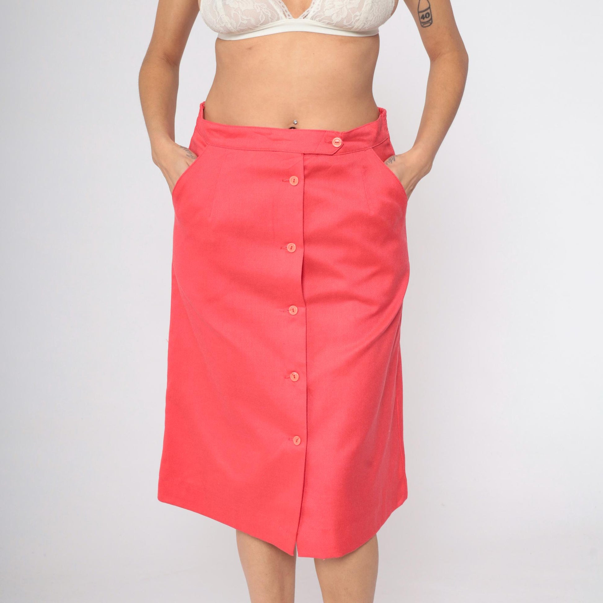 70s Sears Button-Front Midi Skirt Coral Pink High Waist Medium