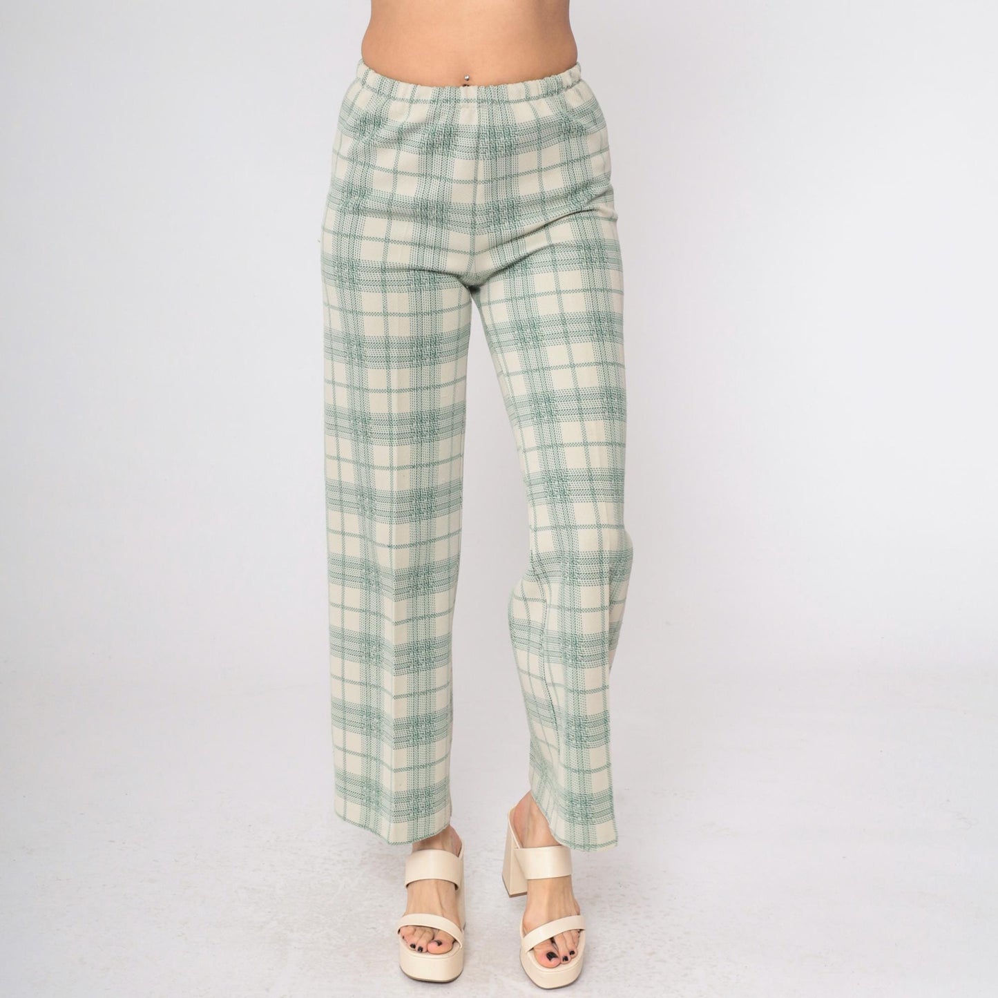70s Plaid High-Waisted Trousers Cream Green Checkered Straight Leg Small
