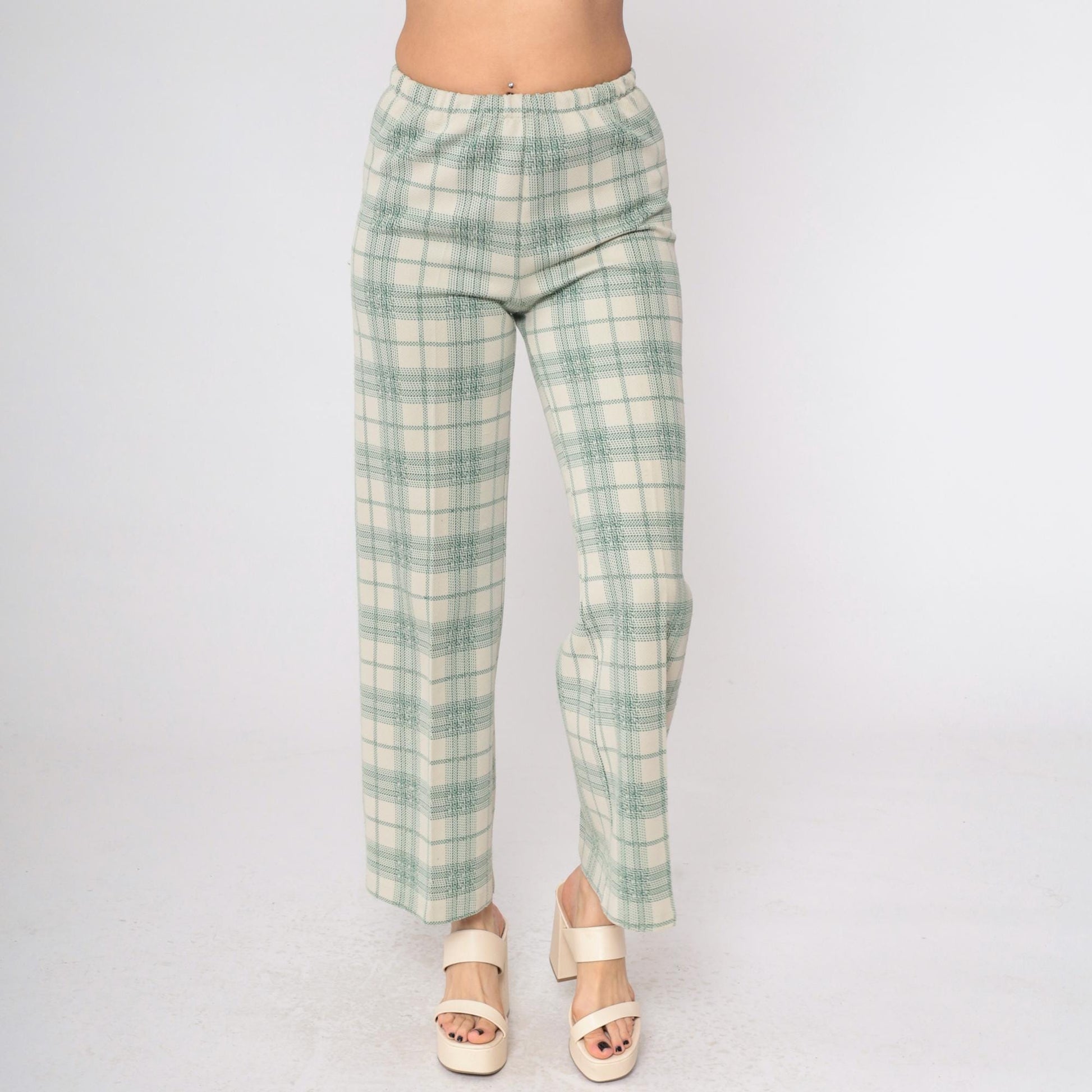 70s Plaid High-Waisted Trousers Cream Green Checkered Straight Leg Small