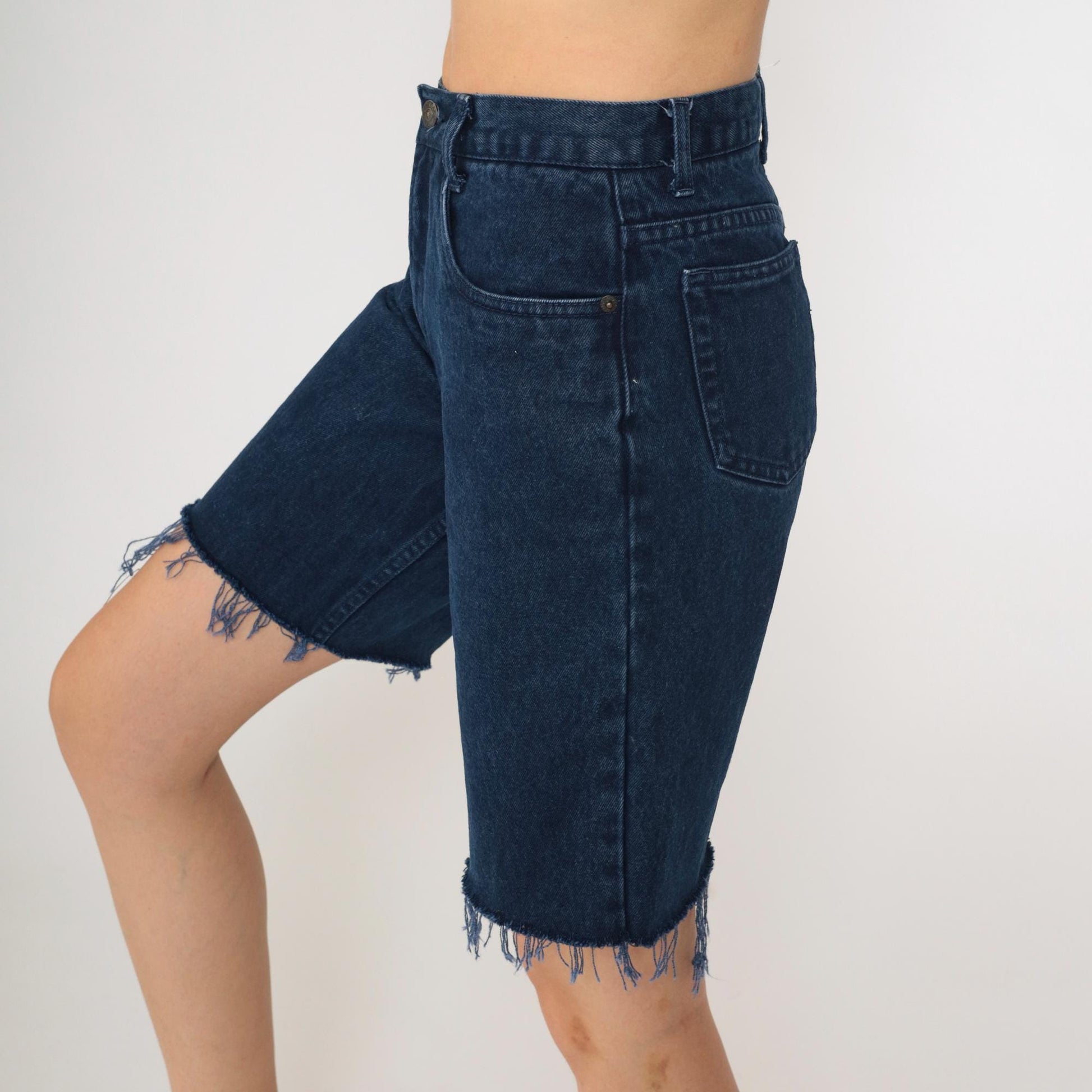 90s Dark Blue Denim Cut-Off Shorts High Waisted Bermuda Frayed Hem Extra Small
